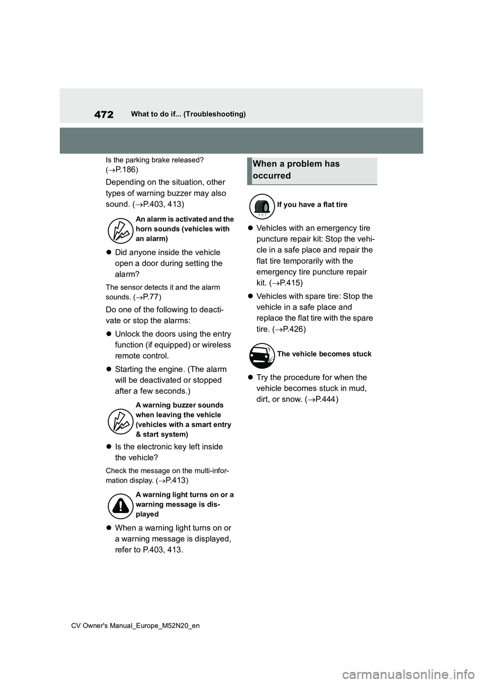 TOYOTA YARIS CROSS 2022 Owners Manual 472
CV Owner's Manual_Europe_M52N20_en
What to do if... (Troubleshooting)
Is the parking brake released?
( P. 1 8 6)
Depending on the situation, other
types of warning buzzer may also
so TOYOTA YARIS CROSS 2022 Owners Manual 472
CV Owner's Manual_Europe_M52N20_en
What to do if... (Troubleshooting)
Is the parking brake released?
( P. 1 8 6)
Depending on the situation, other
types of warning buzzer may also
so