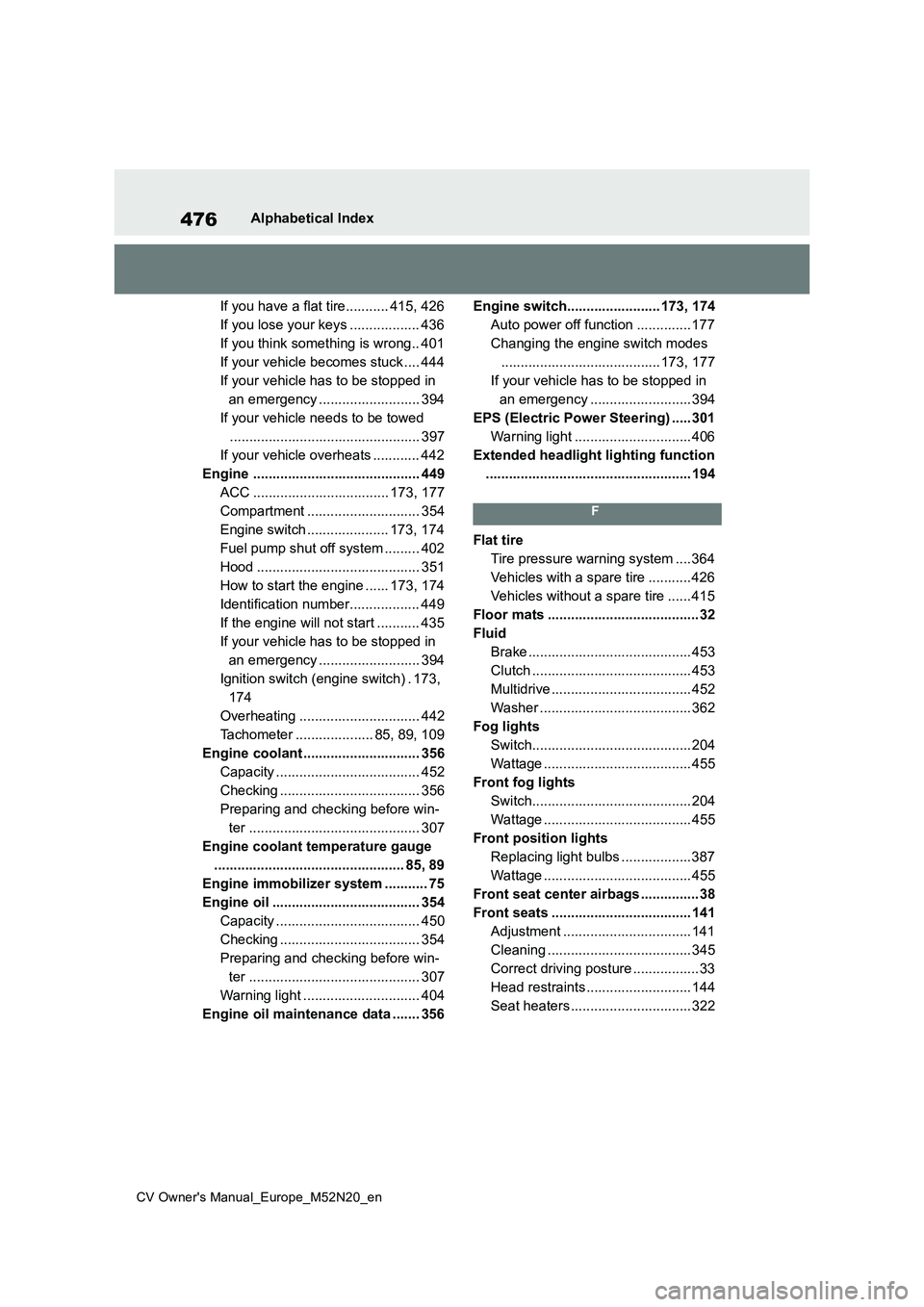TOYOTA YARIS CROSS 2022 Owners Manual 476
CV Owner's Manual_Europe_M52N20_en
Alphabetical Index
If you have a flat tire........... 415, 426
If you lose your keys .................. 436
If you think something is wrong.. 401
If your v TOYOTA YARIS CROSS 2022 Owners Manual 476
CV Owner's Manual_Europe_M52N20_en
Alphabetical Index
If you have a flat tire........... 415, 426
If you lose your keys .................. 436
If you think something is wrong.. 401
If your v