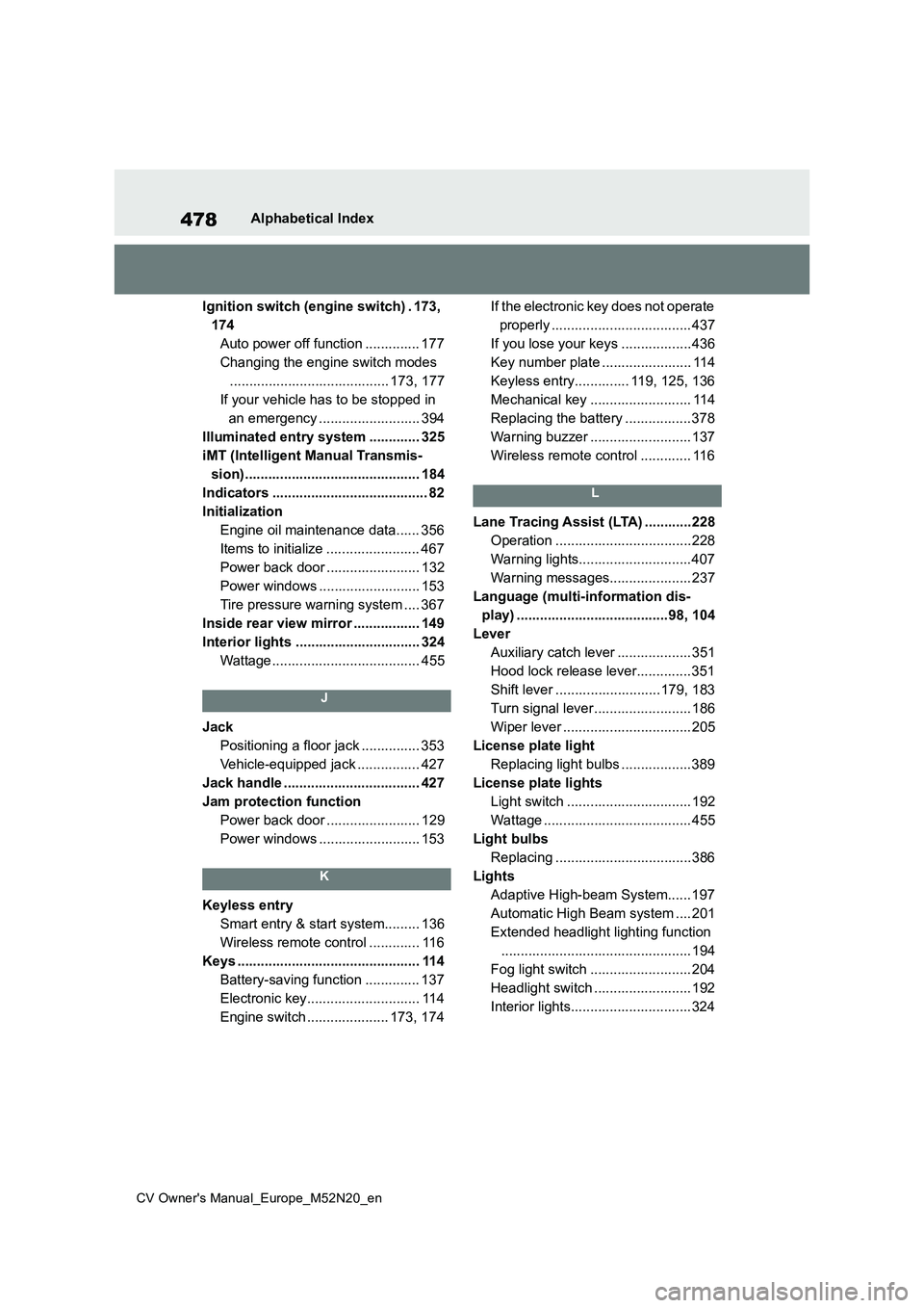 TOYOTA YARIS CROSS 2022 Owners Manual 478
CV Owner's Manual_Europe_M52N20_en
Alphabetical Index
Ignition switch (engine switch) . 173,
174
Auto power off function .............. 177
Changing the engine switch modes
................ TOYOTA YARIS CROSS 2022 Owners Manual 478
CV Owner's Manual_Europe_M52N20_en
Alphabetical Index
Ignition switch (engine switch) . 173,
174
Auto power off function .............. 177
Changing the engine switch modes
................