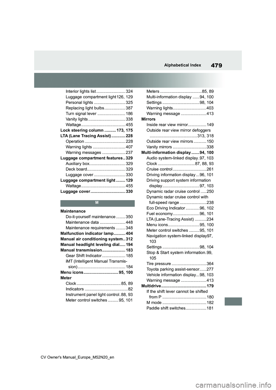 TOYOTA YARIS CROSS 2022 Manual PDF 479
CV Owner's Manual_Europe_M52N20_en
Alphabetical Index
Interior lights list ......................... 324 
Luggage compartment light 126, 129
Personal lights ........................... 325
Rep