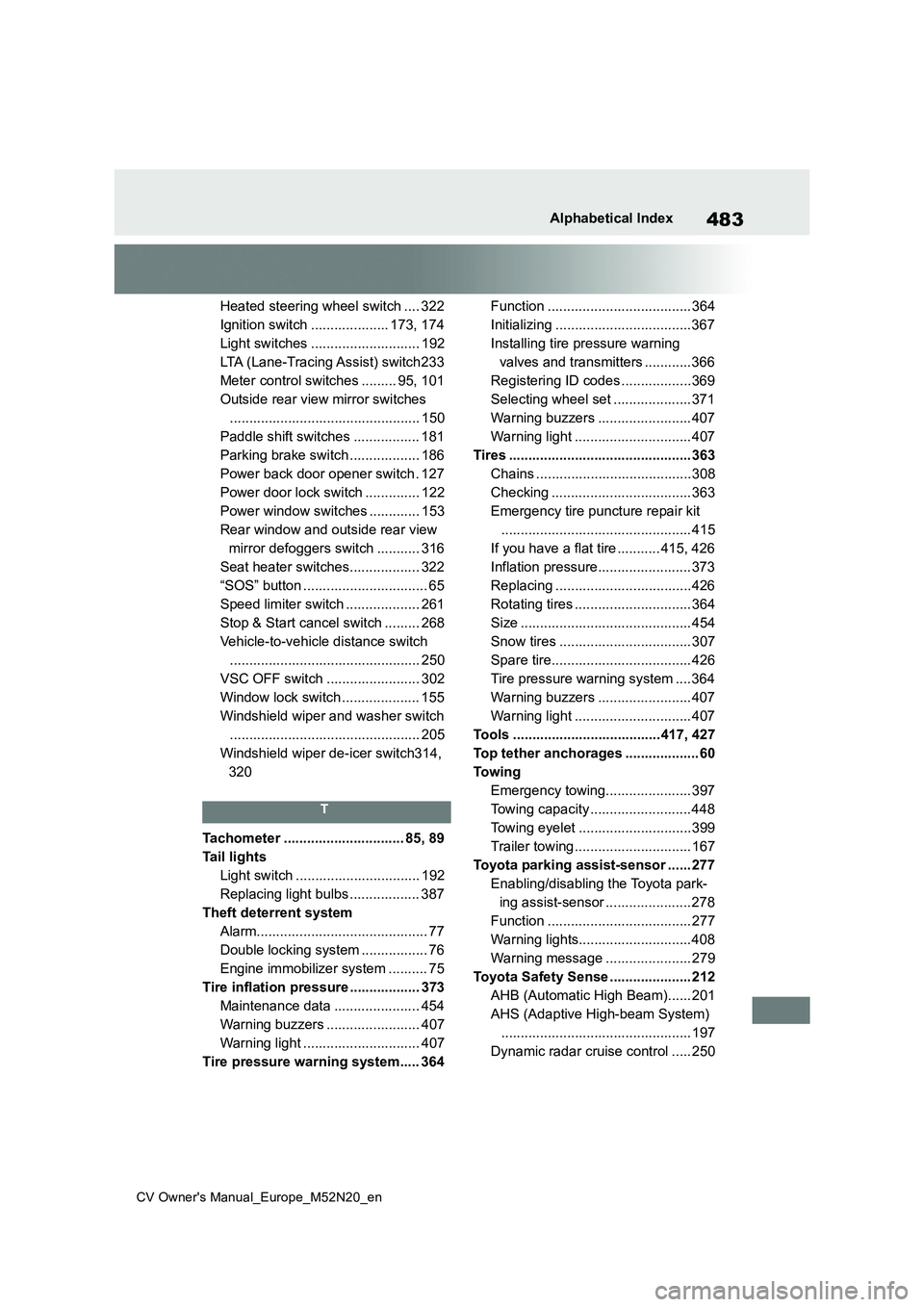 TOYOTA YARIS CROSS 2022 Owners Manual 483
CV Owner's Manual_Europe_M52N20_en
Alphabetical Index
Heated steering wheel switch .... 322
Ignition switch .................... 173, 174
Light switches ............................ 192
LTA ( TOYOTA YARIS CROSS 2022 Owners Manual 483
CV Owner's Manual_Europe_M52N20_en
Alphabetical Index
Heated steering wheel switch .... 322
Ignition switch .................... 173, 174
Light switches ............................ 192
LTA (