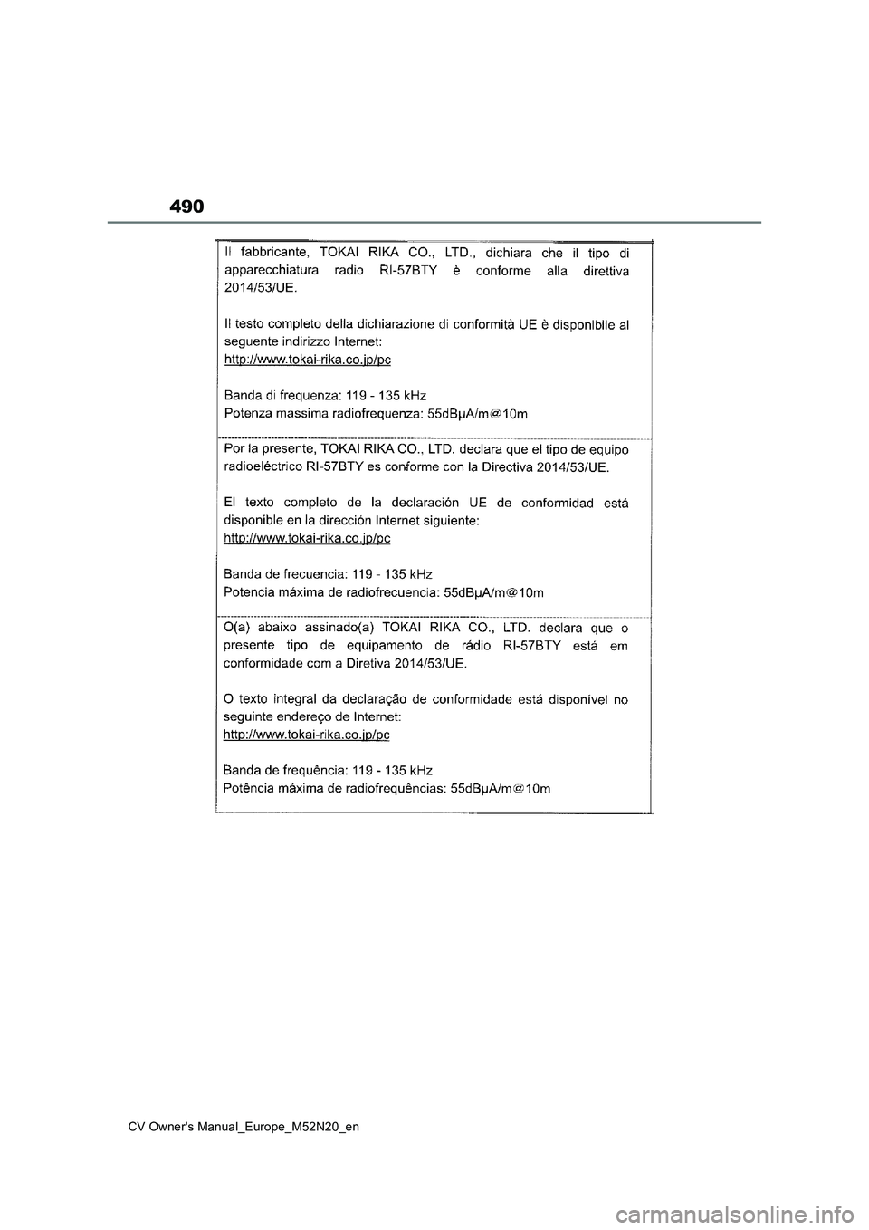 TOYOTA YARIS CROSS 2022 Owners Manual 490
CV Owner's Manual_Europe_M52N20_en TOYOTA YARIS CROSS 2022 Owners Manual 490
CV Owner's Manual_Europe_M52N20_en