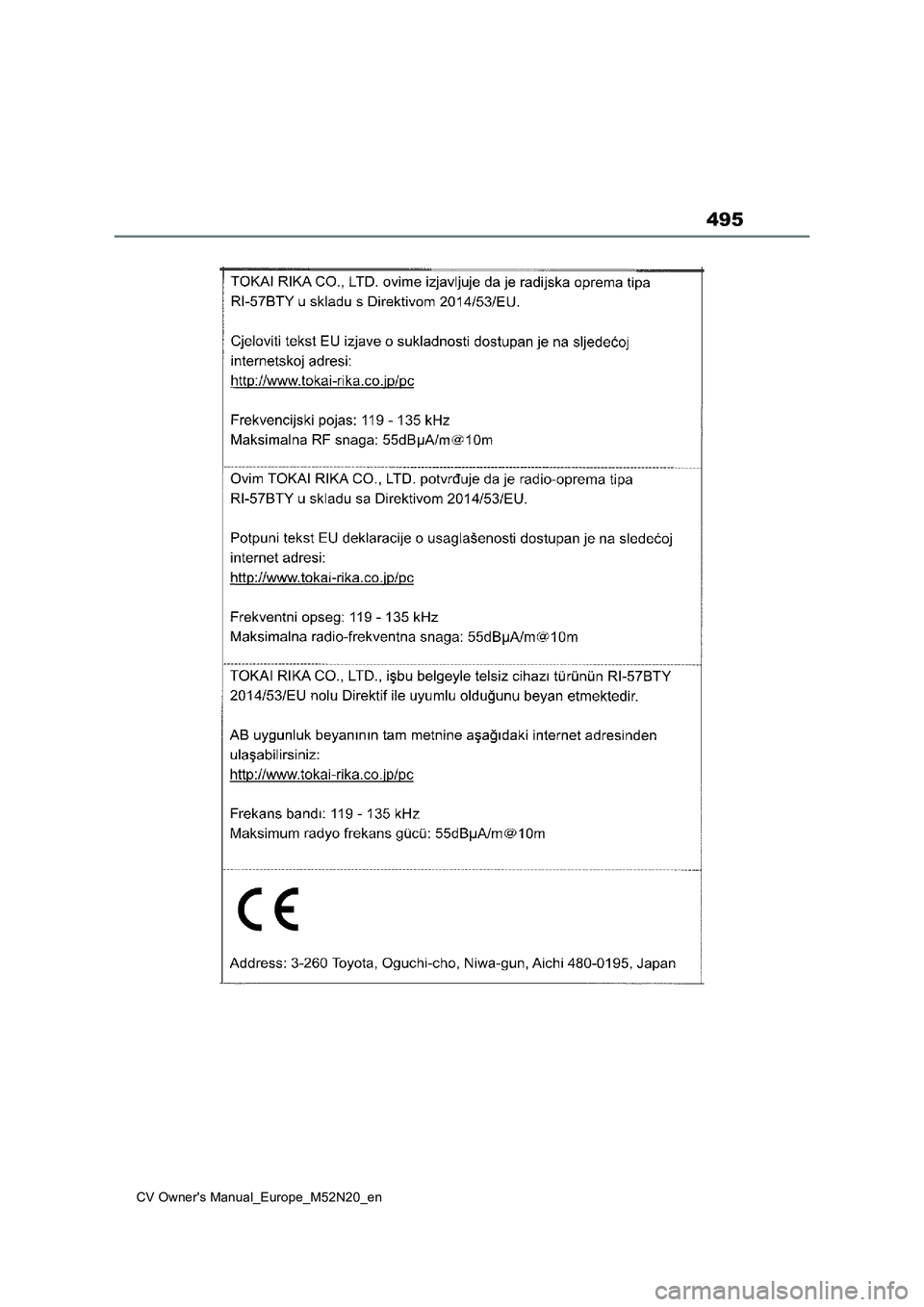 TOYOTA YARIS CROSS 2022 Owners Manual 495
CV Owner's Manual_Europe_M52N20_en TOYOTA YARIS CROSS 2022 Owners Manual 495
CV Owner's Manual_Europe_M52N20_en