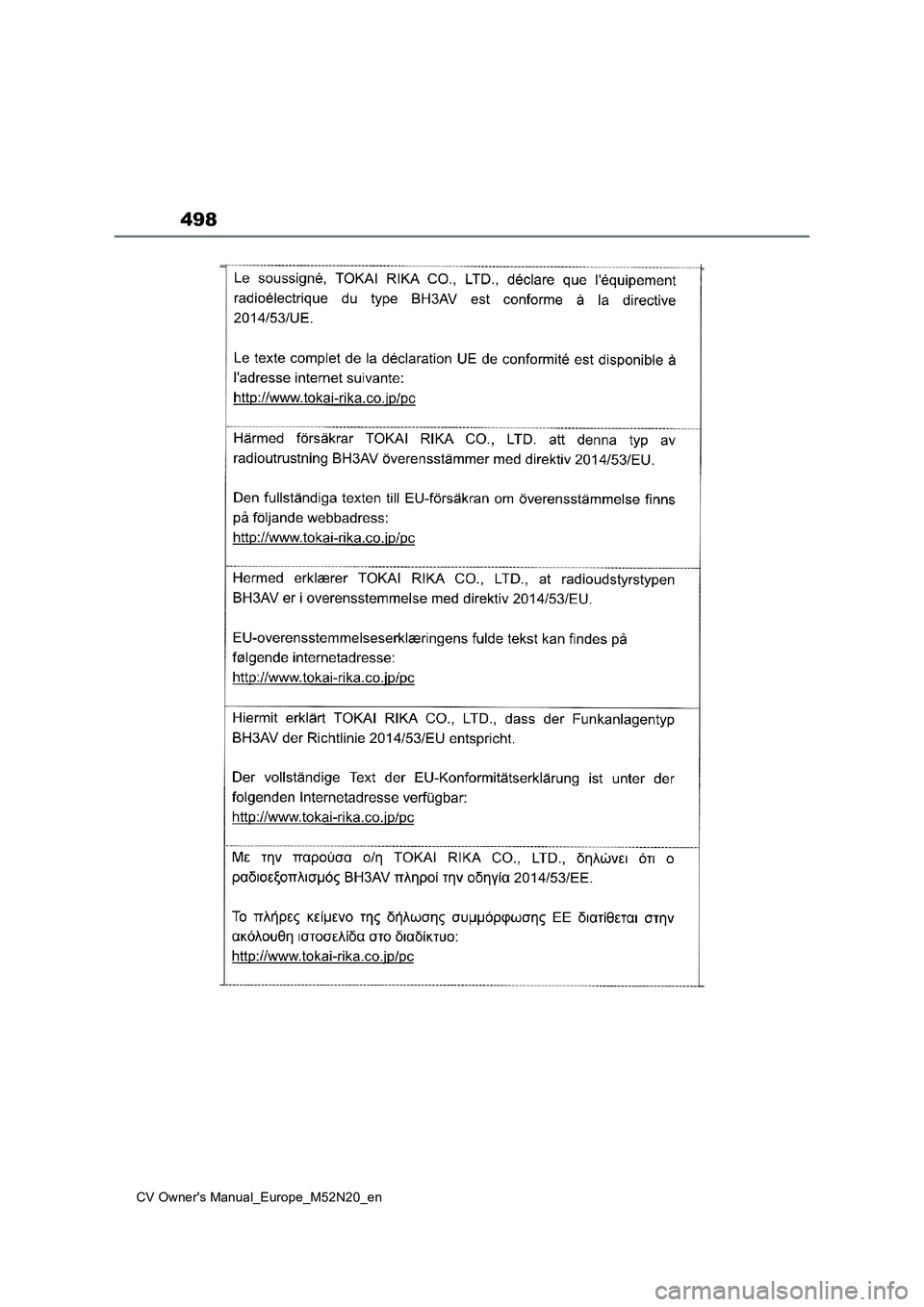 TOYOTA YARIS CROSS 2022 Owners Manual 498
CV Owner's Manual_Europe_M52N20_en TOYOTA YARIS CROSS 2022 Owners Manual 498
CV Owner's Manual_Europe_M52N20_en