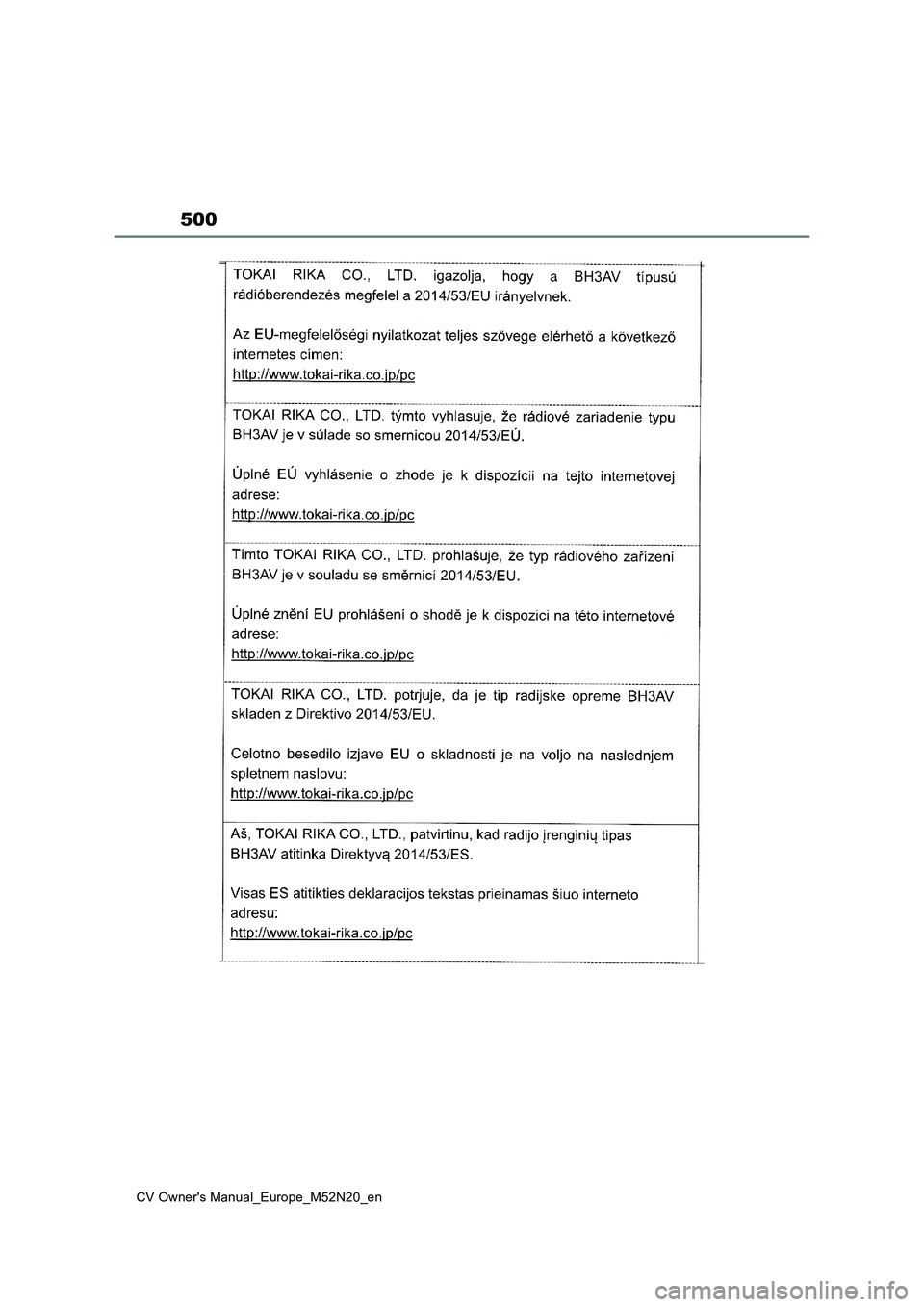 TOYOTA YARIS CROSS 2022 Owners Manual 500
CV Owner's Manual_Europe_M52N20_en TOYOTA YARIS CROSS 2022 Owners Manual 500
CV Owner's Manual_Europe_M52N20_en