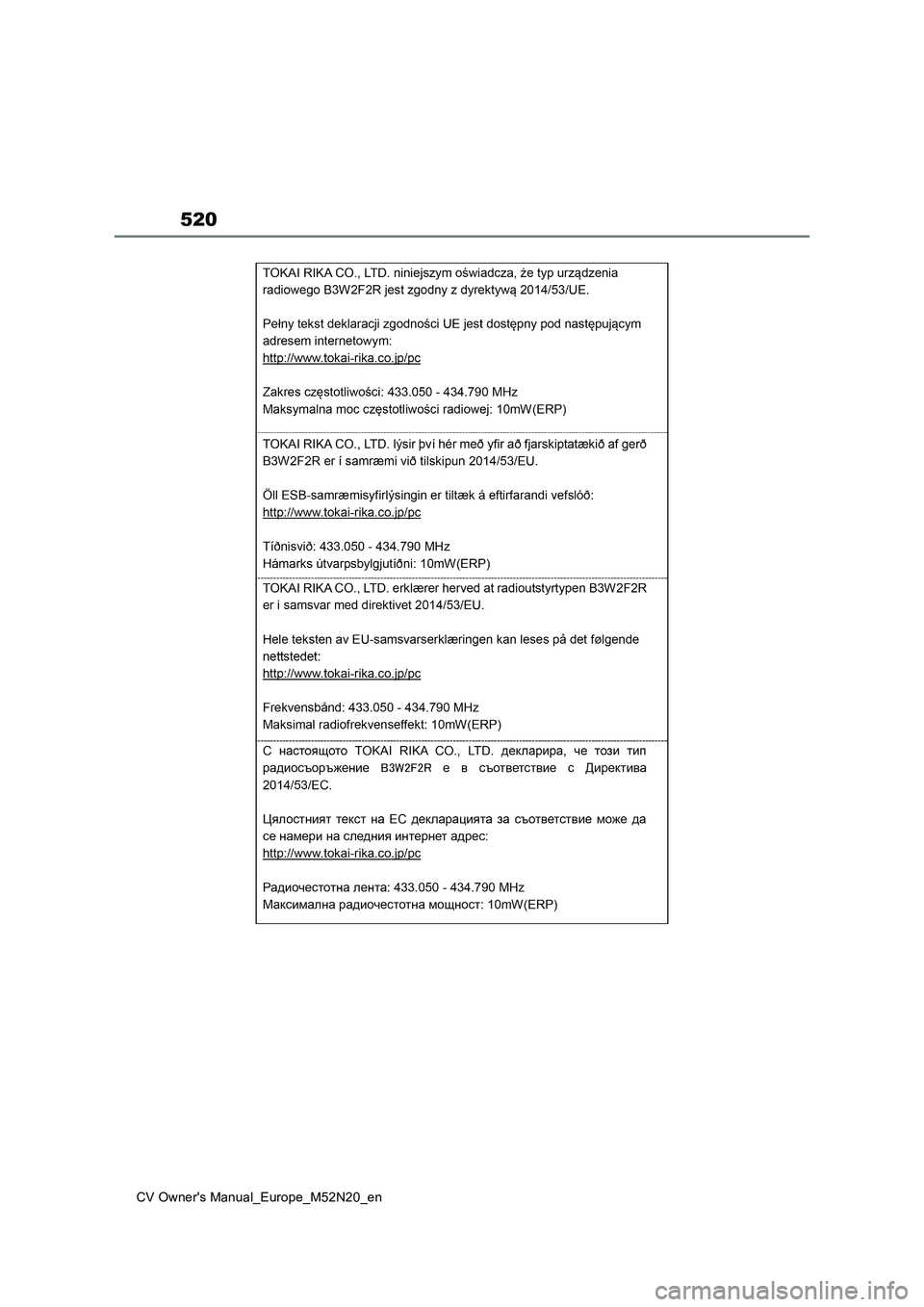TOYOTA YARIS CROSS 2022  Owners Manual 520
CV Owner's Manual_Europe_M52N20_en 