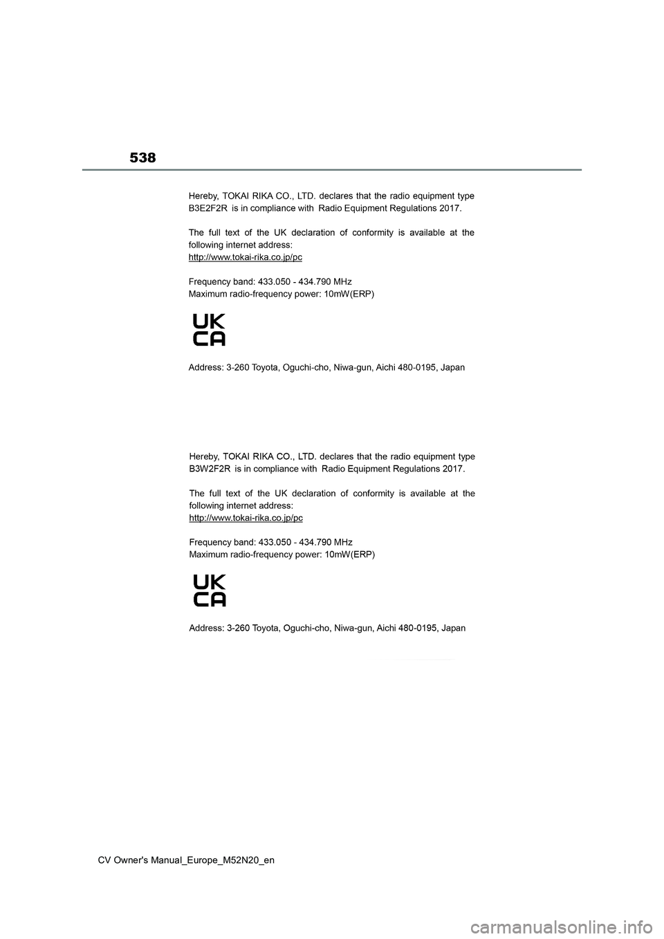 TOYOTA YARIS CROSS 2022 Owners Manual 538
CV Owner's Manual_Europe_M52N20_en TOYOTA YARIS CROSS 2022 Owners Manual 538
CV Owner's Manual_Europe_M52N20_en