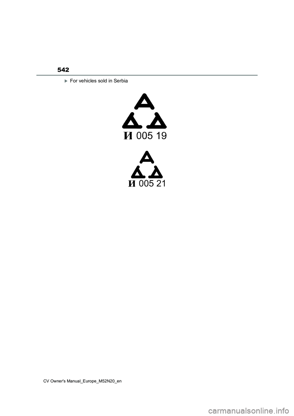 TOYOTA YARIS CROSS 2022 Owners Manual 542
CV Owner's Manual_Europe_M52N20_en
For vehicles sold in Serbia TOYOTA YARIS CROSS 2022 Owners Manual 542
CV Owner's Manual_Europe_M52N20_en
For vehicles sold in Serbia