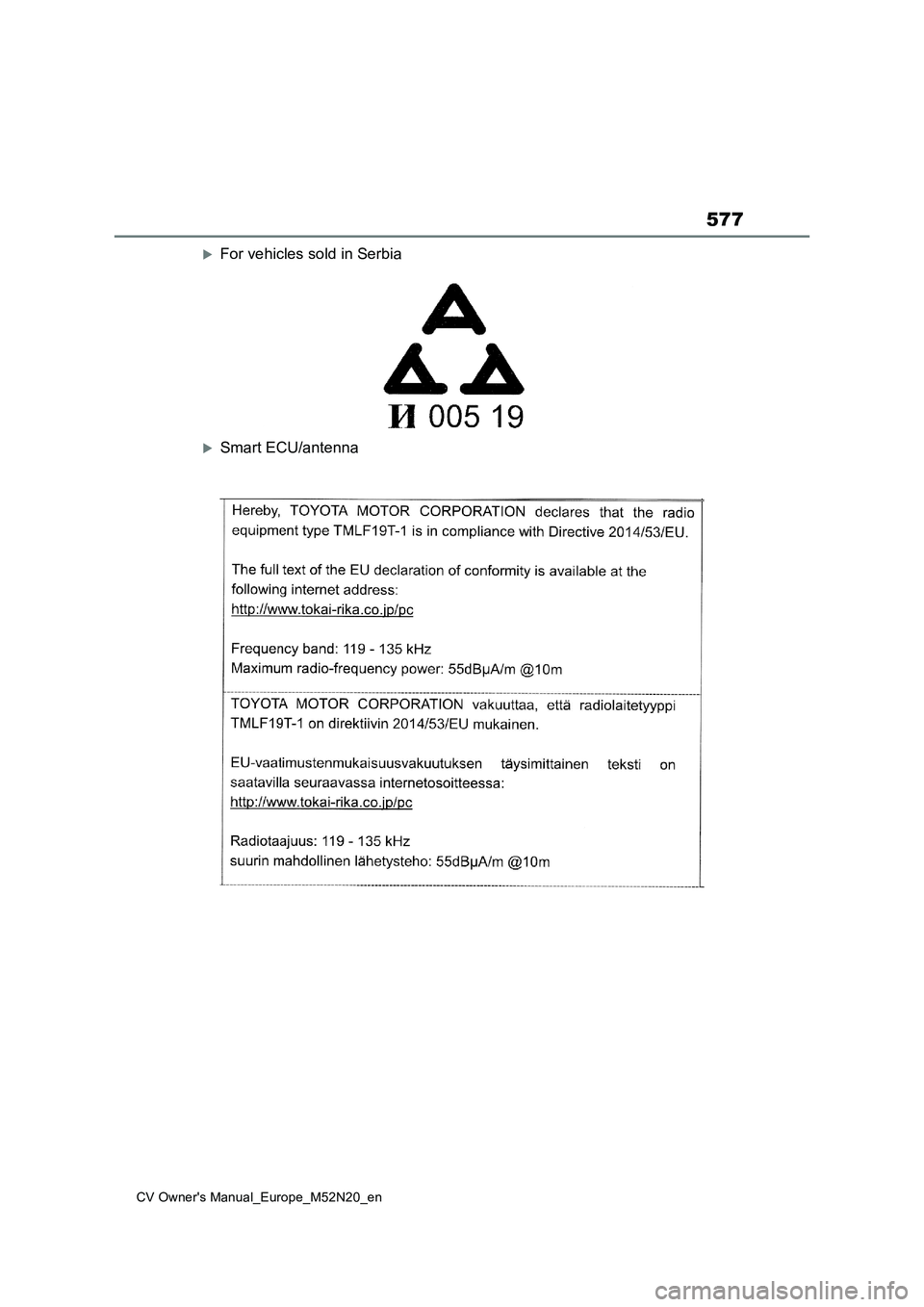 TOYOTA YARIS CROSS 2022 Owners Manual 577
CV Owner's Manual_Europe_M52N20_en
For vehicles sold in Serbia
Smart ECU/antenna TOYOTA YARIS CROSS 2022 Owners Manual 577
CV Owner's Manual_Europe_M52N20_en
For vehicles sold in Serbia
Smart ECU/antenna