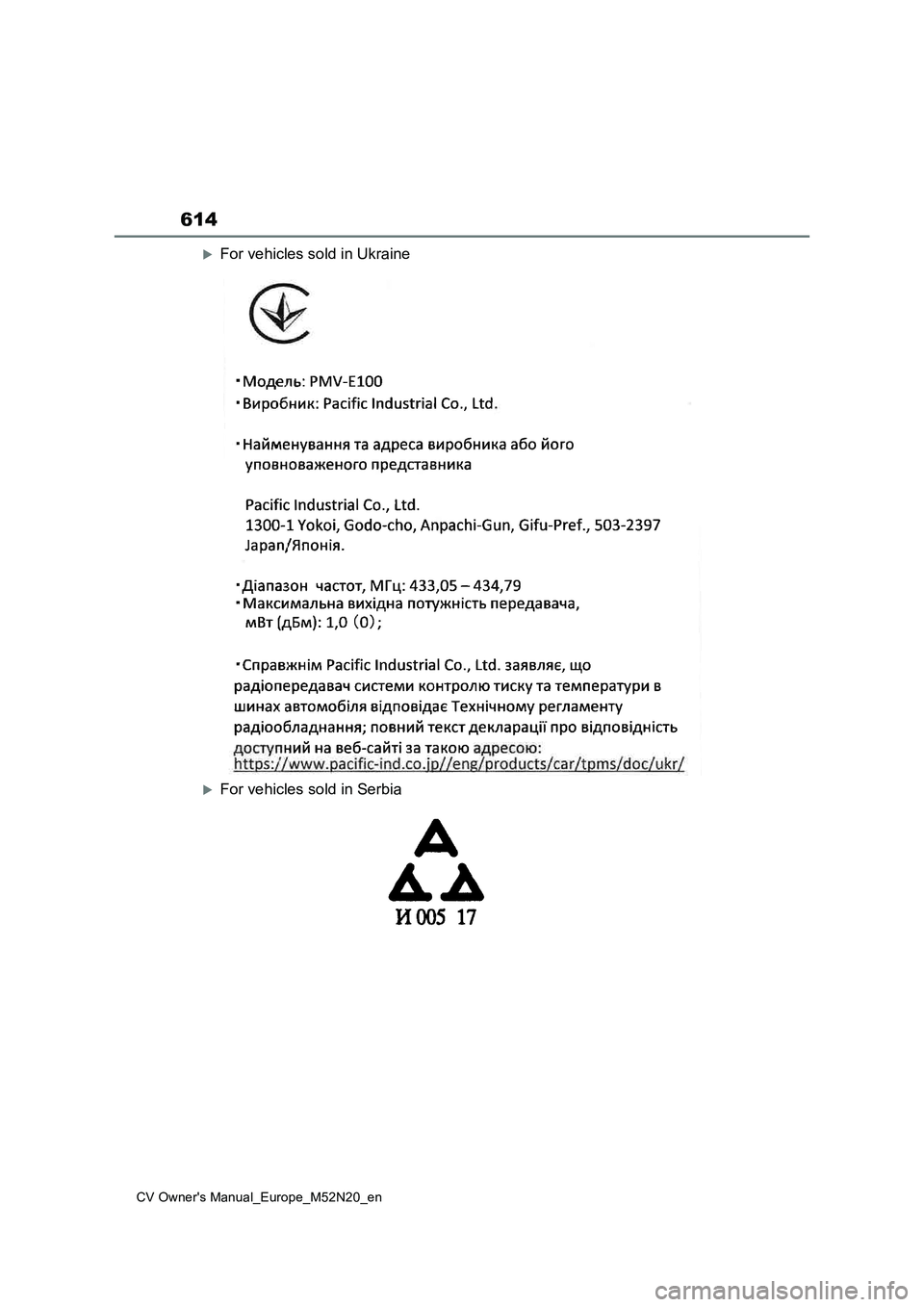 TOYOTA YARIS CROSS 2022 Owners Manual 614
CV Owner's Manual_Europe_M52N20_en
For vehicles sold in Ukraine
For vehicles sold in Serbia TOYOTA YARIS CROSS 2022 Owners Manual 614
CV Owner's Manual_Europe_M52N20_en
For vehicles sold in Ukraine
For vehicles sold in Serbia