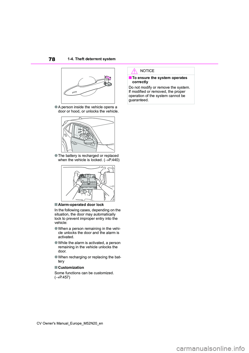 TOYOTA YARIS CROSS 2022  Owners Manual 78
CV Owner's Manual_Europe_M52N20_en
1-4. Theft deterrent system
●A person inside the vehicle opens a  
door or hood, or unlocks the vehicle.
●The battery is recharged or replaced 
when the v