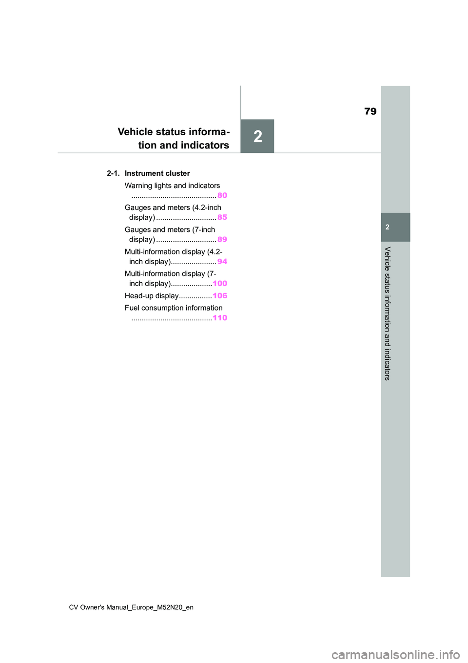 TOYOTA YARIS CROSS 2022  Owners Manual 2
79
CV Owner's Manual_Europe_M52N20_en
2
Vehicle status information and indicators
Vehicle status informa- 
tion and indicators
2-1. Instrument cluster 
Warning lights and indicators 
...........