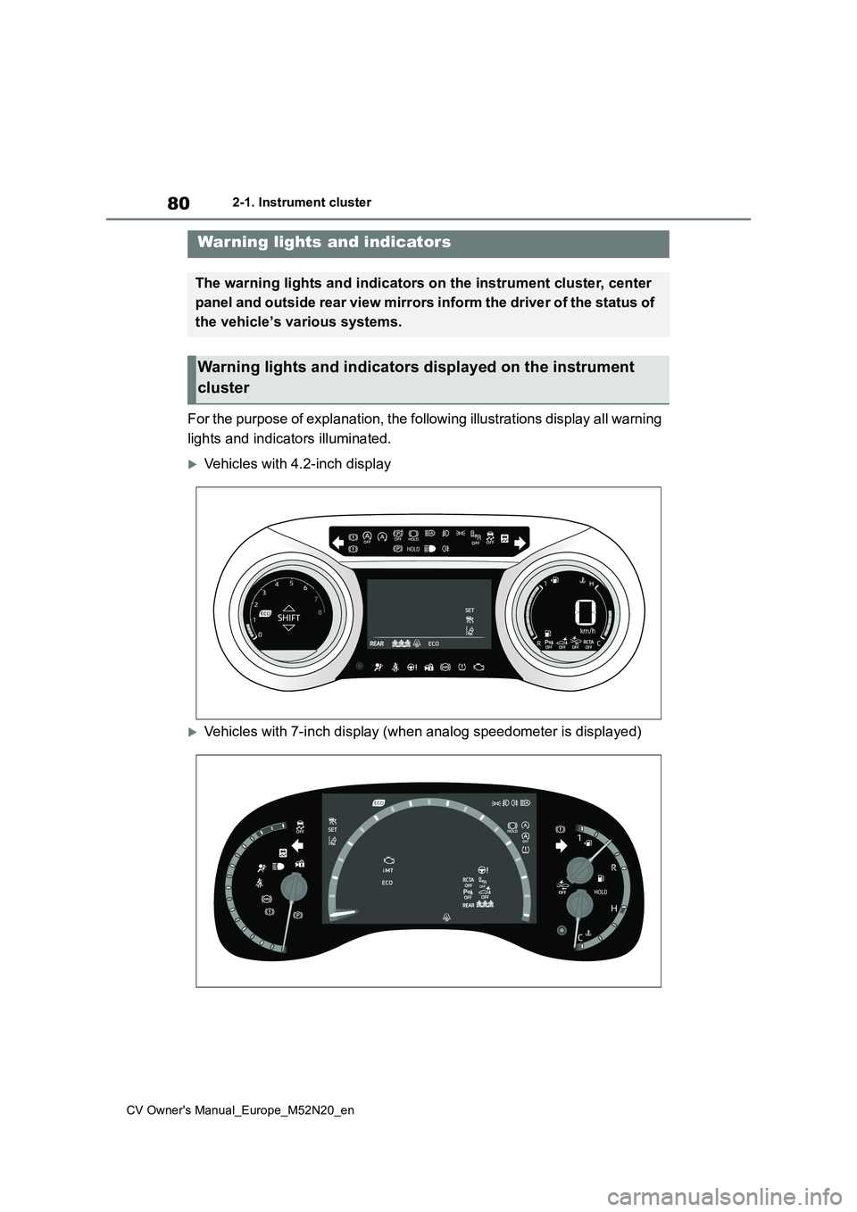 TOYOTA YARIS CROSS 2022 Owners Manual 80
CV Owner's Manual_Europe_M52N20_en
2-1. Instrument cluster
2-1.In strument clu ste r
For the purpose of explanation, the following illustrations display all warning
lights and indicators illu TOYOTA YARIS CROSS 2022 Owners Manual 80
CV Owner's Manual_Europe_M52N20_en
2-1. Instrument cluster
2-1.In strument clu ste r
For the purpose of explanation, the following illustrations display all warning
lights and indicators illu