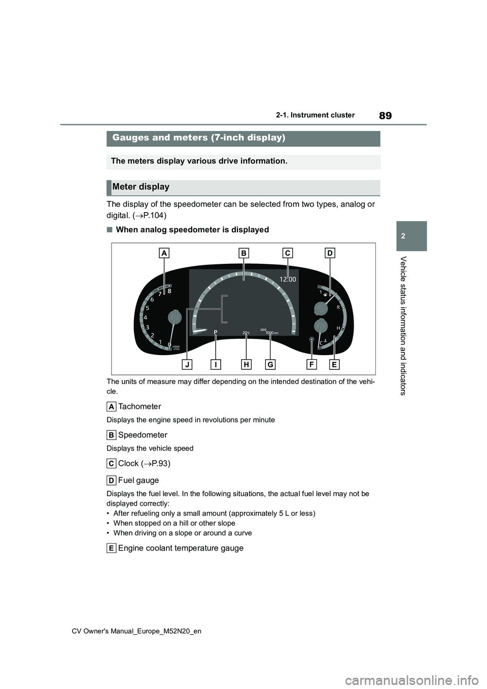 TOYOTA YARIS CROSS 2022 Owners Manual 89
2
CV Owner's Manual_Europe_M52N20_en
2-1. Instrument cluster
Vehicle status information and indicators
The display of the speedometer can be selected from two types, analog or
digital. ( P TOYOTA YARIS CROSS 2022 Owners Manual 89
2
CV Owner's Manual_Europe_M52N20_en
2-1. Instrument cluster
Vehicle status information and indicators
The display of the speedometer can be selected from two types, analog or
digital. ( P