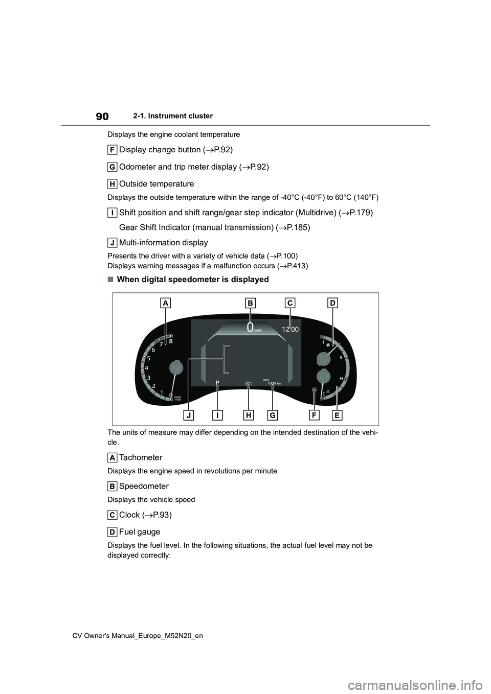 TOYOTA YARIS CROSS 2022  Owners Manual 90
CV Owner's Manual_Europe_M52N20_en
2-1. Instrument cluster 
Displays the engine coolant temperature
Display change button ( P. 9 2 ) 
Odometer and trip meter display ( P. 9 2 ) 
Outside t