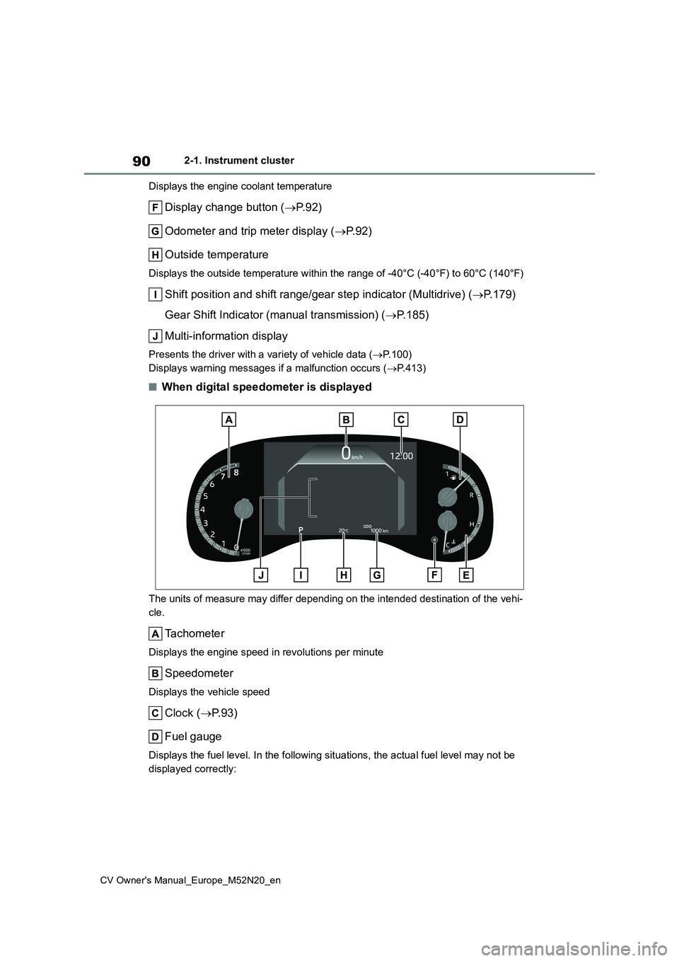 TOYOTA YARIS CROSS 2022 Owners Manual 90
CV Owner's Manual_Europe_M52N20_en
2-1. Instrument cluster
Displays the engine coolant temperature
Display change button ( P. 9 2 )
Odometer and trip meter display ( P. 9 2 )
Outside t TOYOTA YARIS CROSS 2022 Owners Manual 90
CV Owner's Manual_Europe_M52N20_en
2-1. Instrument cluster
Displays the engine coolant temperature
Display change button ( P. 9 2 )
Odometer and trip meter display ( P. 9 2 )
Outside t