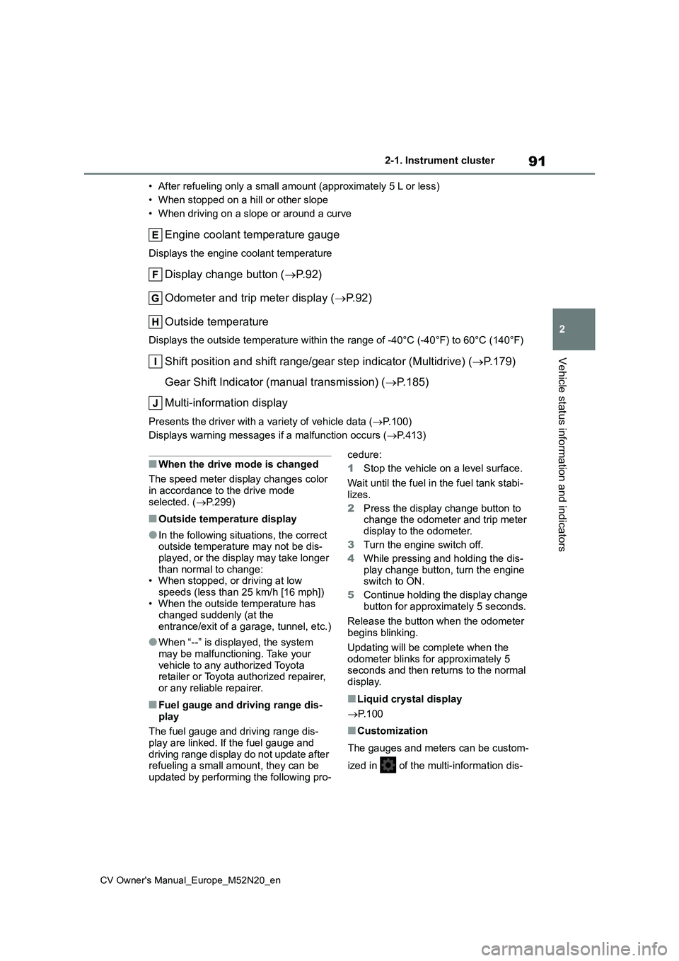 TOYOTA YARIS CROSS 2022 Owners Manual 91
2
CV Owner's Manual_Europe_M52N20_en
2-1. Instrument cluster
Vehicle status information and indicators
• After refueling only a small amount (approximately 5 L or less)
• When stopped on a TOYOTA YARIS CROSS 2022 Owners Manual 91
2
CV Owner's Manual_Europe_M52N20_en
2-1. Instrument cluster
Vehicle status information and indicators
• After refueling only a small amount (approximately 5 L or less)
• When stopped on a