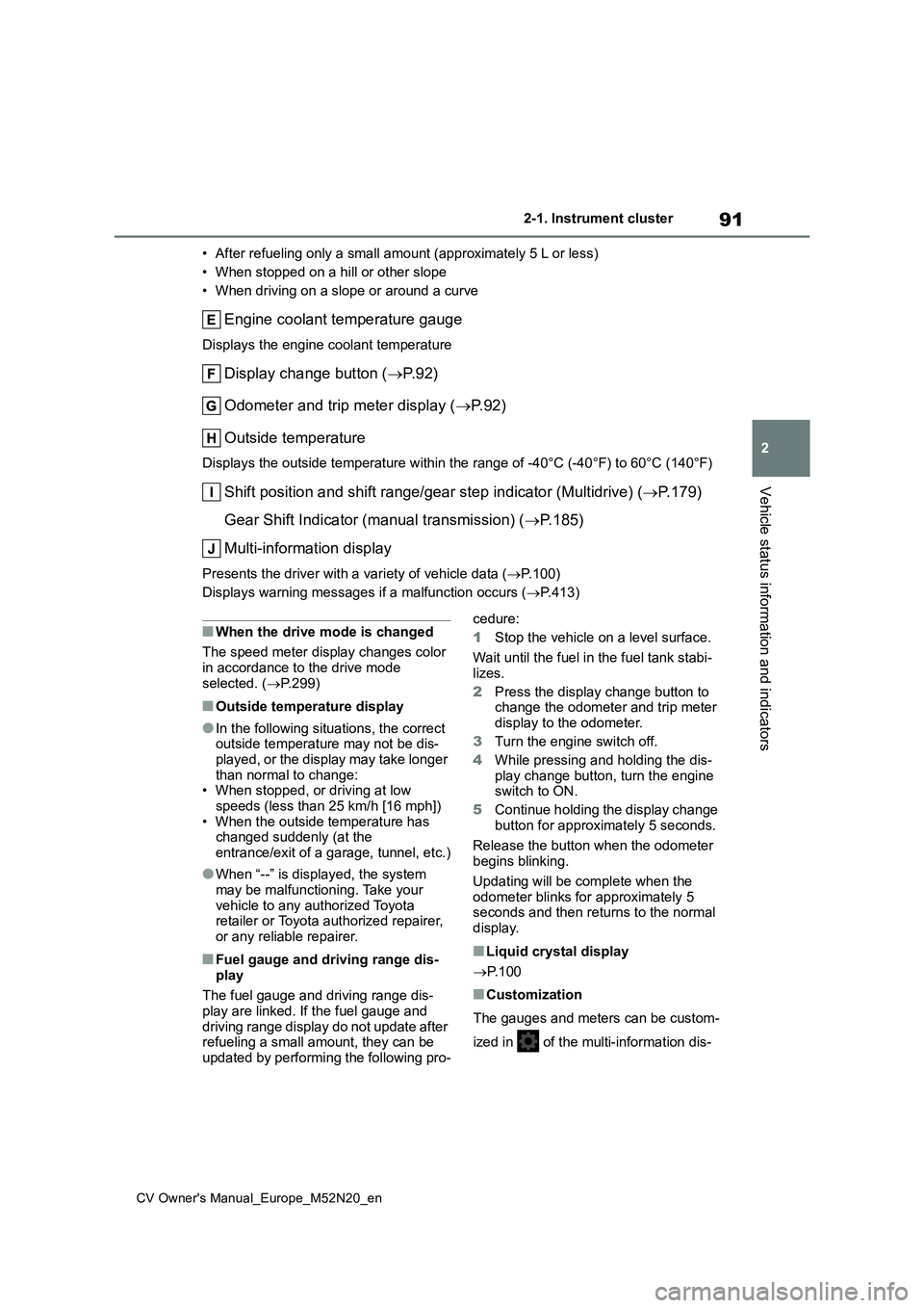 TOYOTA YARIS CROSS 2022  Owners Manual 91
2
CV Owner's Manual_Europe_M52N20_en
2-1. Instrument cluster
Vehicle status information and indicators
• After refueling only a small amount (approximately 5 L or less) 
• When stopped on a