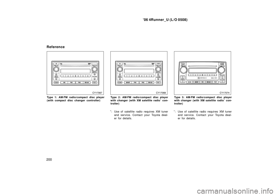 TOYOTA 4RUNNER 2006 N210 / 4.G Owners Manual ’06 4Runner_U (L/O 0508)
200
Type 1: AM·FM radio/compact disc player
(with compact disc changer controller)Type 2: AM·FM radio/compact disc player
with changer (with XM satellite radio∗ con-
tro