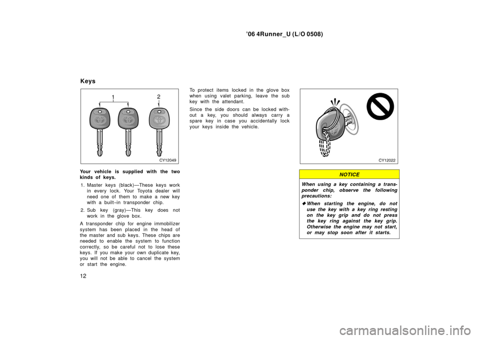 TOYOTA 4RUNNER 2006 N210 / 4.G Owners Manual ’06 4Runner_U (L/O 0508)
12
Your vehicle is supplied with the two
kinds of keys.
1. Master keys (black)—These keys work in every lock. Your Toyota dealer will
need one of  them to make a new key
w