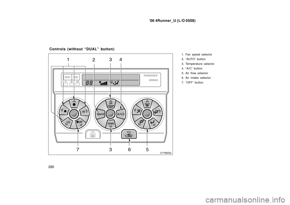 TOYOTA 4RUNNER 2006 N210 / 4.G Owners Manual ’06 4Runner_U (L/O 0508)
280
1. Fan speed selector
2. “AUTO” button
3. Temperature selector
4. “A/C” button
5. Air flow selector
6. Air intake selector
7. “OFF” button
Controls (without 