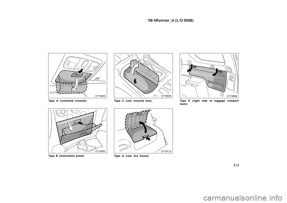 TOYOTA 4RUNNER 2006 N210 / 4.G Owners Manual ’06 4Runner_U (L/O 0508)
313
Type A (overhead console)
Type B (instrument panel)
Type C (rear console box)
Type D (rear tire house)
Type E (right side of luggage compart-
ment) 