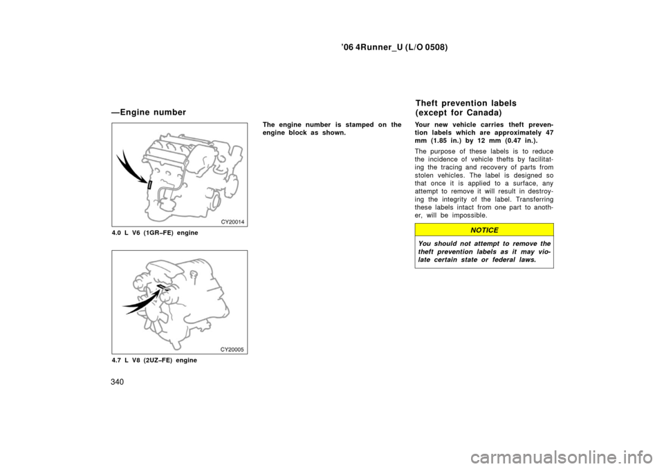 TOYOTA 4RUNNER 2006 N210 / 4.G Owners Manual ’06 4Runner_U (L/O 0508)
340
4.0 L V6 (1GR�FE) engine
4.7 L V8 (2UZ�FE) engine
The engine number  is stamped on the
engine block as shown. Your new vehicle carries theft preven-
tion labels which ar