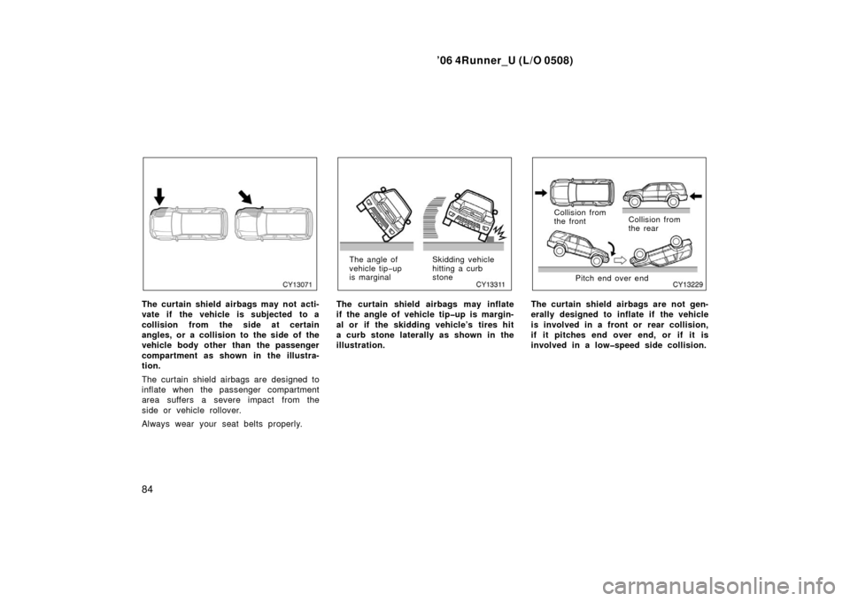 TOYOTA 4RUNNER 2006 N210 / 4.G Owners Manual ’06 4Runner_U (L/O 0508)
84
The curtain shield airbags may not acti-
vate if the vehicle is subjected to a
collision from the side at certain
angles, or a collision to the side of the
vehicle body o