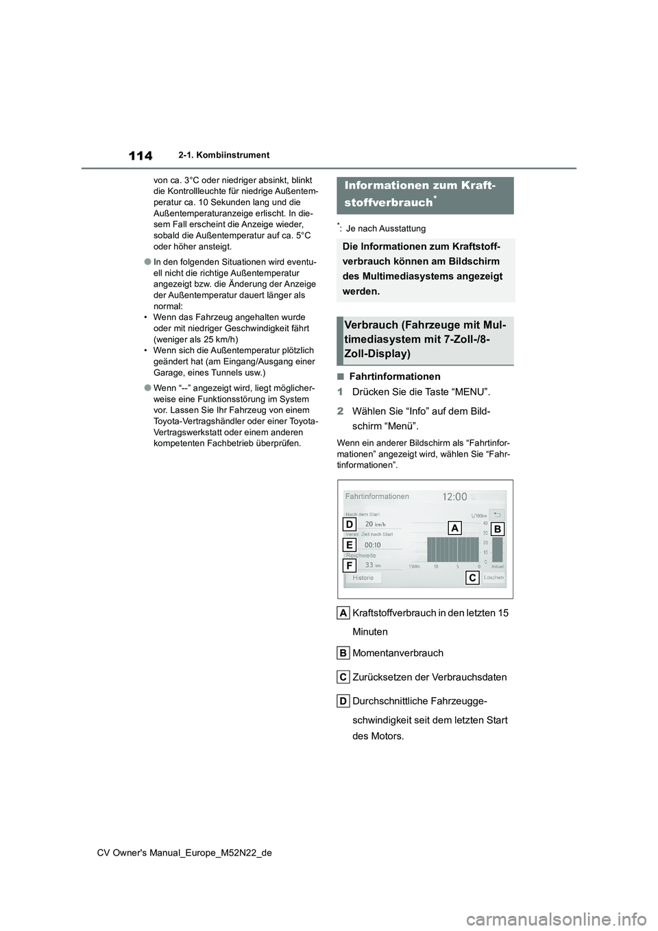 TOYOTA YARIS CROSS 2022 Betriebsanleitungen (in German) 114
CV Owner's Manual_Europe_M52N22_de
2-1. Kombiinstrument
von ca. 3°C oder niedriger absinkt, blinkt die Kontrollleuchte für niedrige Außentem-peratur ca. 10 Sekunden lang und die
Außent TOYOTA YARIS CROSS 2022 Betriebsanleitungen (in German) 114
CV Owner's Manual_Europe_M52N22_de
2-1. Kombiinstrument
von ca. 3°C oder niedriger absinkt, blinkt die Kontrollleuchte für niedrige Außentem-peratur ca. 10 Sekunden lang und die
Außent