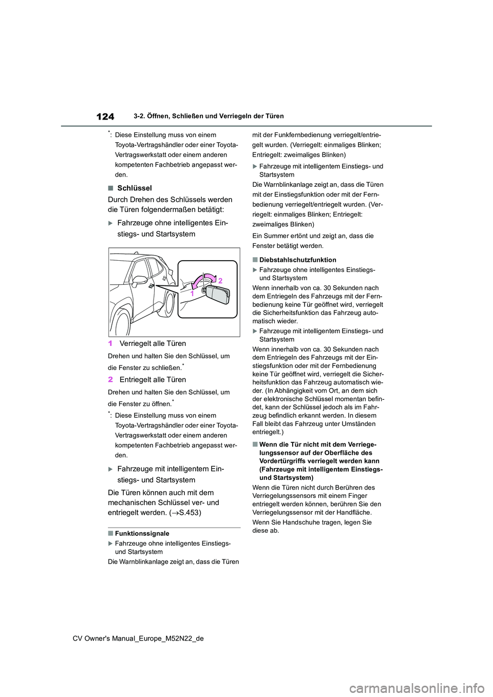 TOYOTA YARIS CROSS 2022 Betriebsanleitungen (in German) 124
CV Owner's Manual_Europe_M52N22_de
3-2. Öffnen, Schließen und Verriegeln der Türen
*: Diese Einstellung muss von einem
Toyota-Vertragshändler oder einer Toyota-
Vertragswerkstatt oder ei TOYOTA YARIS CROSS 2022 Betriebsanleitungen (in German) 124
CV Owner's Manual_Europe_M52N22_de
3-2. Öffnen, Schließen und Verriegeln der Türen
*: Diese Einstellung muss von einem
Toyota-Vertragshändler oder einer Toyota-
Vertragswerkstatt oder ei
