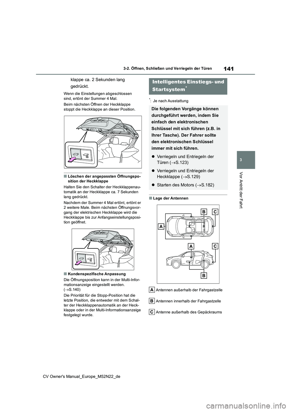 TOYOTA YARIS CROSS 2022 Betriebsanleitungen (in German) 141
3
CV Owner's Manual_Europe_M52N22_de
3-2. Öffnen, Schließen und Verriegeln der Türen
Vor Antritt der Fahrt
klappe ca. 2 Sekunden lang
gedrückt.
Wenn die Einstellungen abgeschlossen
sin TOYOTA YARIS CROSS 2022 Betriebsanleitungen (in German) 141
3
CV Owner's Manual_Europe_M52N22_de
3-2. Öffnen, Schließen und Verriegeln der Türen
Vor Antritt der Fahrt
klappe ca. 2 Sekunden lang
gedrückt.
Wenn die Einstellungen abgeschlossen
sin