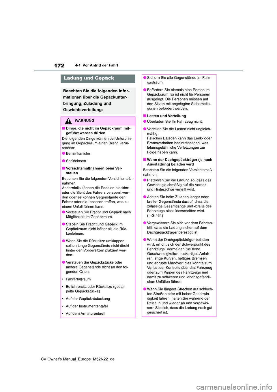 TOYOTA YARIS CROSS 2022 Betriebsanleitungen (in German) 172
CV Owner's Manual_Europe_M52N22_de
4-1. Vor Antritt der Fahrt
Ladung und Gepäck
Beachten Sie die folgenden Infor-
mationen über die Gepäckunter-
bringung, Zuladung und
Gewichtsverteilun TOYOTA YARIS CROSS 2022 Betriebsanleitungen (in German) 172
CV Owner's Manual_Europe_M52N22_de
4-1. Vor Antritt der Fahrt
Ladung und Gepäck
Beachten Sie die folgenden Infor-
mationen über die Gepäckunter-
bringung, Zuladung und
Gewichtsverteilun