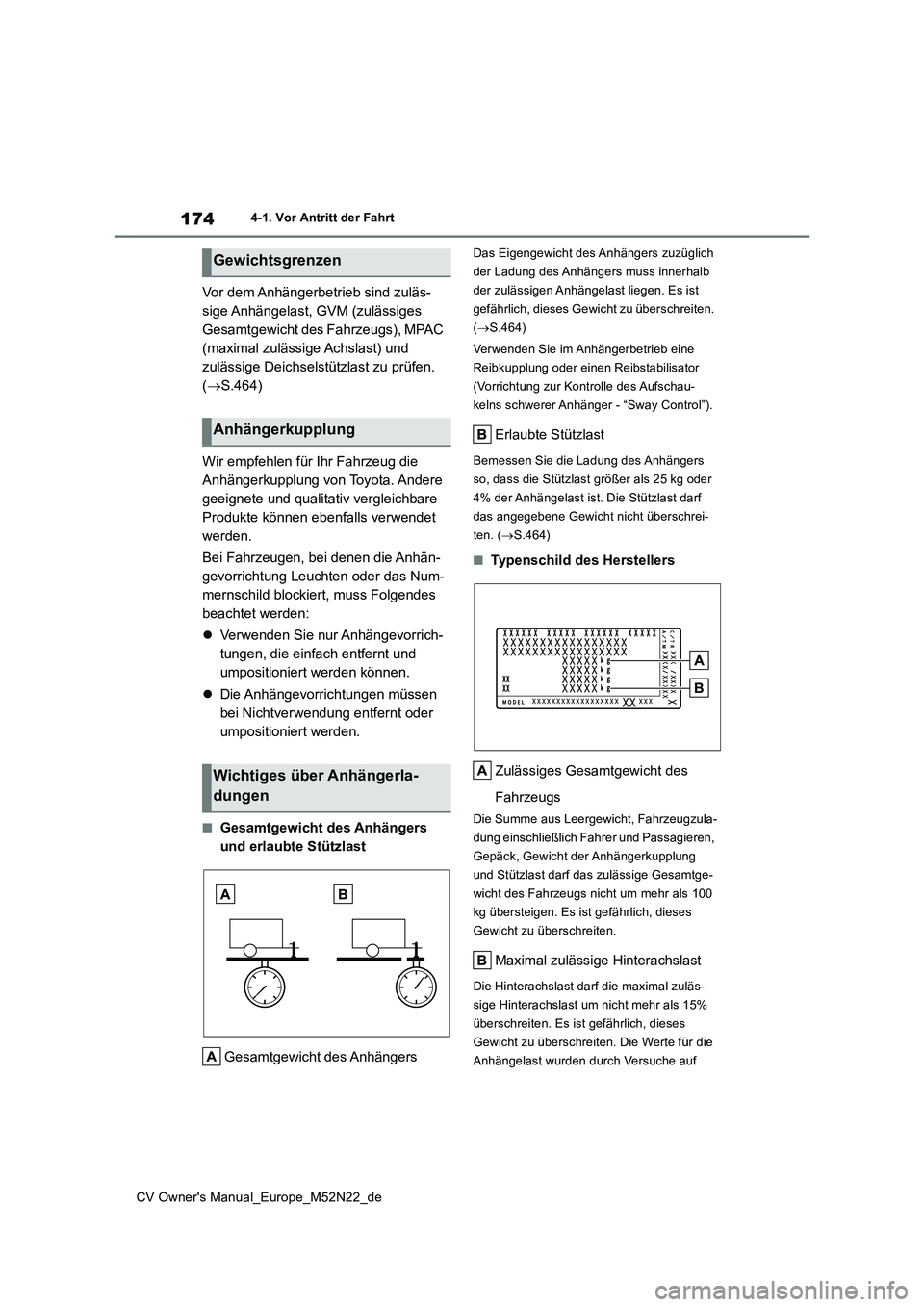 TOYOTA YARIS CROSS 2022 Betriebsanleitungen (in German) 174
CV Owner's Manual_Europe_M52N22_de
4-1. Vor Antritt der Fahrt
Vor dem Anhängerbetrieb sind zuläs-
sige Anhängelast, GVM (zulässiges
Gesamtgewicht des Fahrzeugs), MPAC
(maximal zulässig TOYOTA YARIS CROSS 2022 Betriebsanleitungen (in German) 174
CV Owner's Manual_Europe_M52N22_de
4-1. Vor Antritt der Fahrt
Vor dem Anhängerbetrieb sind zuläs-
sige Anhängelast, GVM (zulässiges
Gesamtgewicht des Fahrzeugs), MPAC
(maximal zulässig