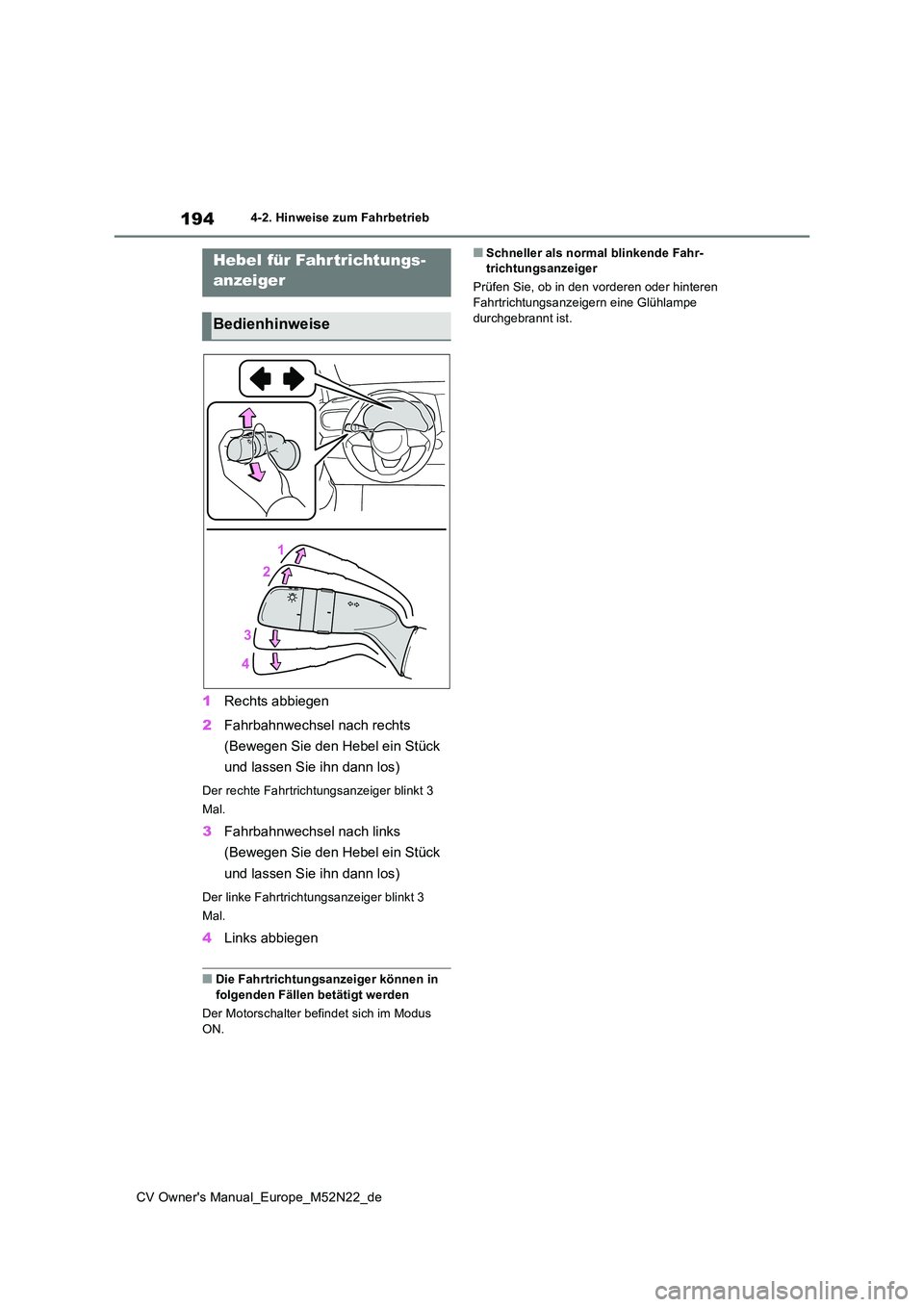 TOYOTA YARIS CROSS 2022  Betriebsanleitungen (in German) 194
CV Owner's Manual_Europe_M52N22_de
4-2. Hinweise zum Fahrbetrieb
1Rechts abbiegen 
2 Fahrbahnwechsel nach rechts  
(Bewegen Sie den Hebel ein Stück  
und lassen Sie ihn dann los)
Der rechte F