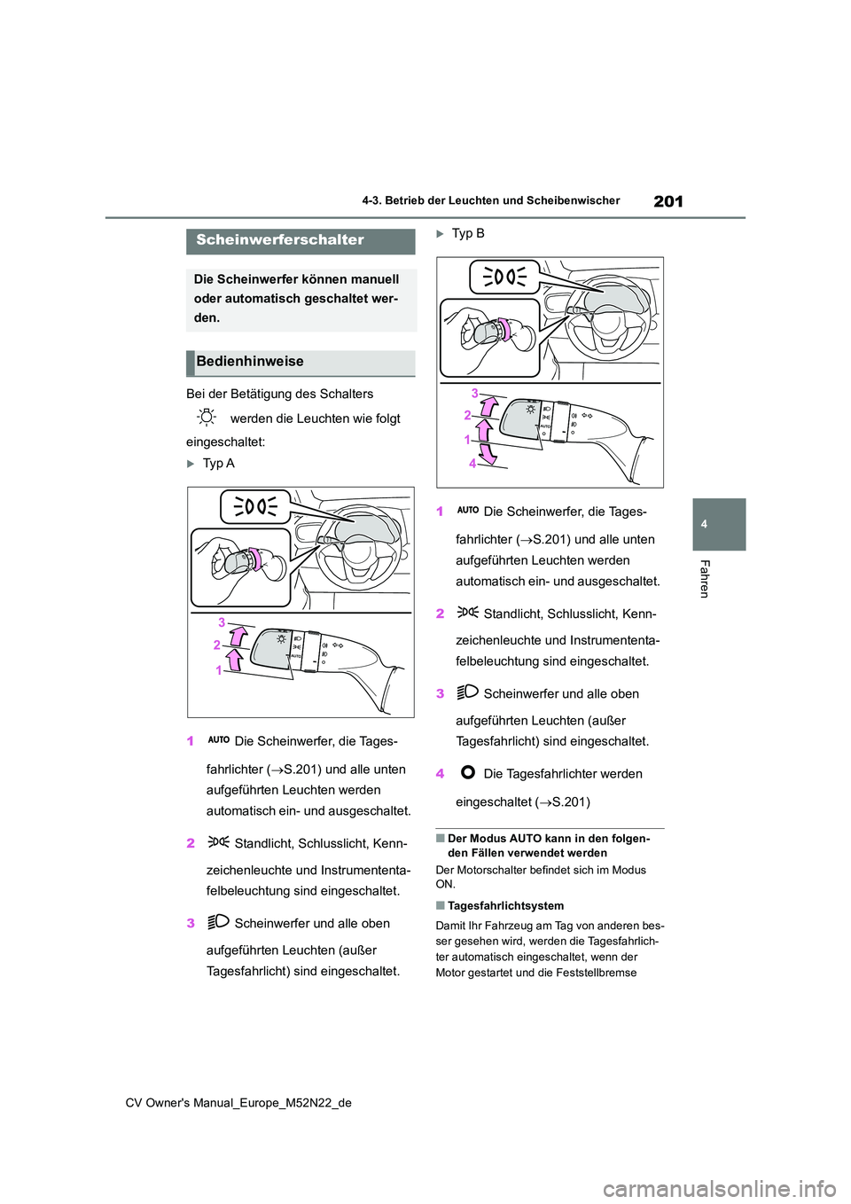 TOYOTA YARIS CROSS 2022  Betriebsanleitungen (in German) 201
4
CV Owner's Manual_Europe_M52N22_de
4-3. Betrieb der Leuchten und Scheibenwischer
Fahren
4-3.Betrieb der L euchten und  Sc heibenwisch er
Bei der Betätigung des Schalters  
 werden die Leuch