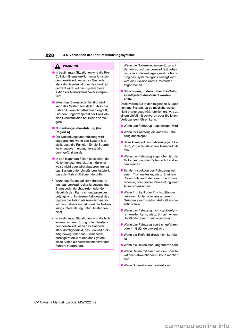 TOYOTA YARIS CROSS 2022  Betriebsanleitungen (in German) 228
CV Owner's Manual_Europe_M52N22_de
4-5. Verwenden der Fahrunterstützungssysteme
WARNUNG
●In bestimmten Situationen wird die Pre- 
Collision-Bremsfunktion unter Umstän- den deaktiviert, wen