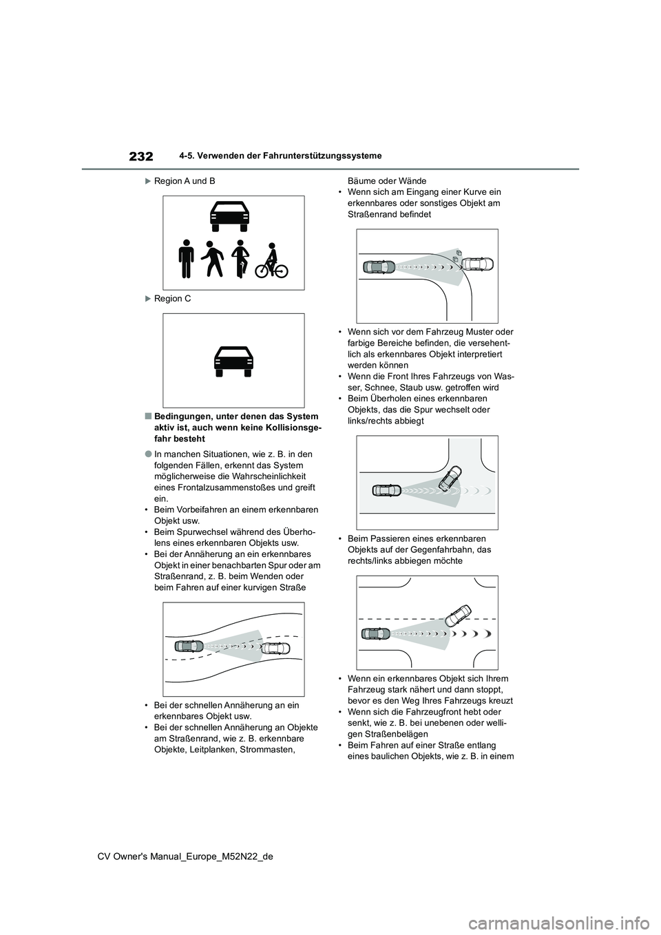 TOYOTA YARIS CROSS 2022 Betriebsanleitungen (in German) 232
CV Owner's Manual_Europe_M52N22_de
4-5. Verwenden der Fahrunterstützungssysteme
Region A und B
Region C
■Bedingungen, unter denen das System aktiv ist, auch wenn keine Kollisionsge- TOYOTA YARIS CROSS 2022 Betriebsanleitungen (in German) 232
CV Owner's Manual_Europe_M52N22_de
4-5. Verwenden der Fahrunterstützungssysteme
Region A und B
Region C
■Bedingungen, unter denen das System aktiv ist, auch wenn keine Kollisionsge-