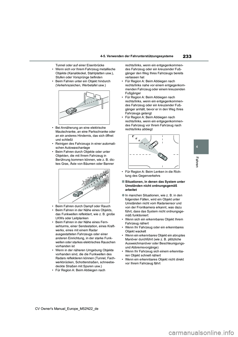TOYOTA YARIS CROSS 2022 Betriebsanleitungen (in German) 233
4
CV Owner's Manual_Europe_M52N22_de
4-5. Verwenden der Fahrunterstützungssysteme
Fahren
Tunnel oder auf einer Eisenbrücke • Wenn sich vor Ihrem Fahrzeug metallische Objekte (Kanaldeckel, TOYOTA YARIS CROSS 2022 Betriebsanleitungen (in German) 233
4
CV Owner's Manual_Europe_M52N22_de
4-5. Verwenden der Fahrunterstützungssysteme
Fahren
Tunnel oder auf einer Eisenbrücke • Wenn sich vor Ihrem Fahrzeug metallische Objekte (Kanaldeckel,
