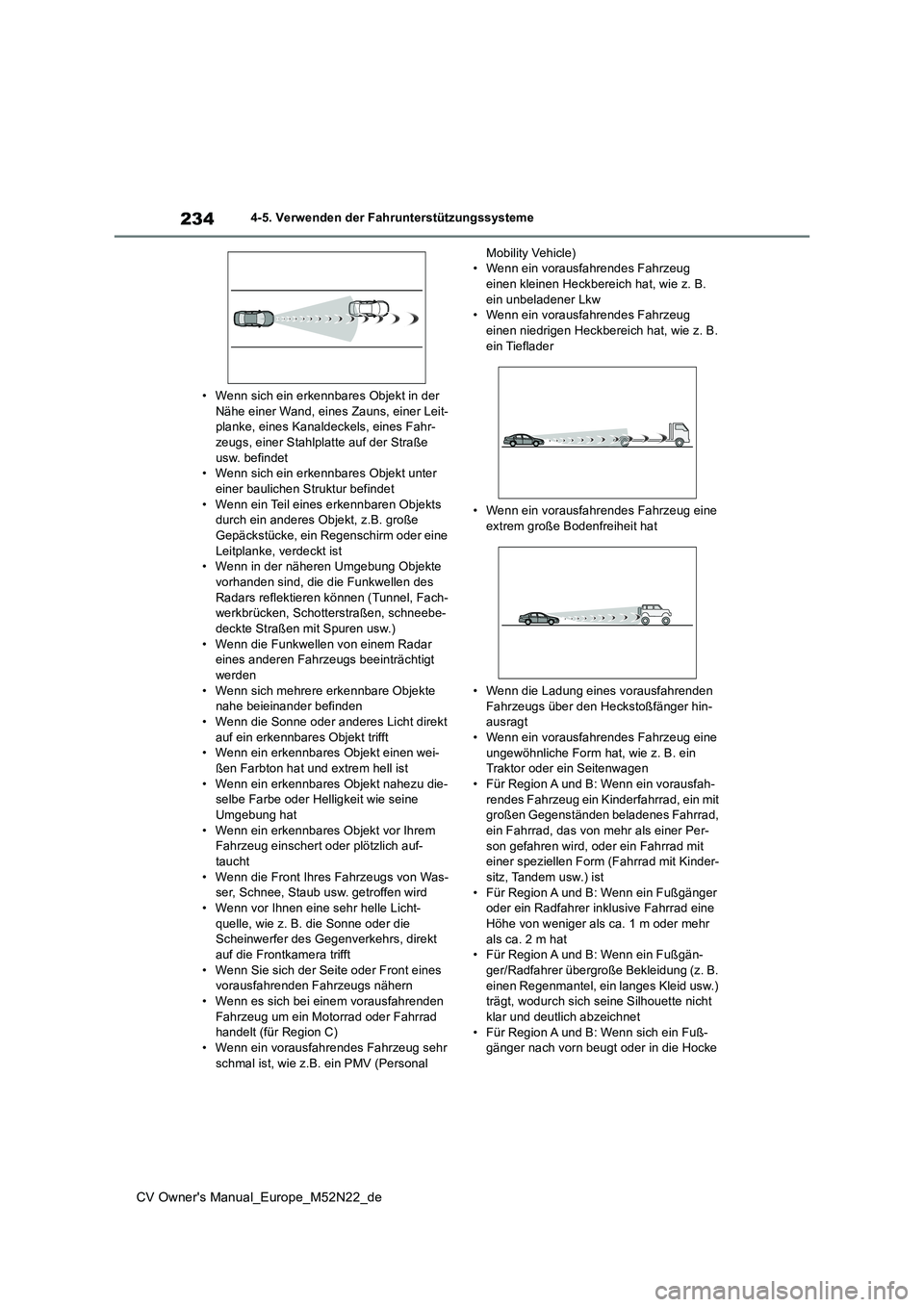 TOYOTA YARIS CROSS 2022 Betriebsanleitungen (in German) 234
CV Owner's Manual_Europe_M52N22_de
4-5. Verwenden der Fahrunterstützungssysteme
• Wenn sich ein erkennbares Objekt in der Nähe einer Wand, eines Zauns, einer Leit-planke, eines Kanaldeck TOYOTA YARIS CROSS 2022 Betriebsanleitungen (in German) 234
CV Owner's Manual_Europe_M52N22_de
4-5. Verwenden der Fahrunterstützungssysteme
• Wenn sich ein erkennbares Objekt in der Nähe einer Wand, eines Zauns, einer Leit-planke, eines Kanaldeck