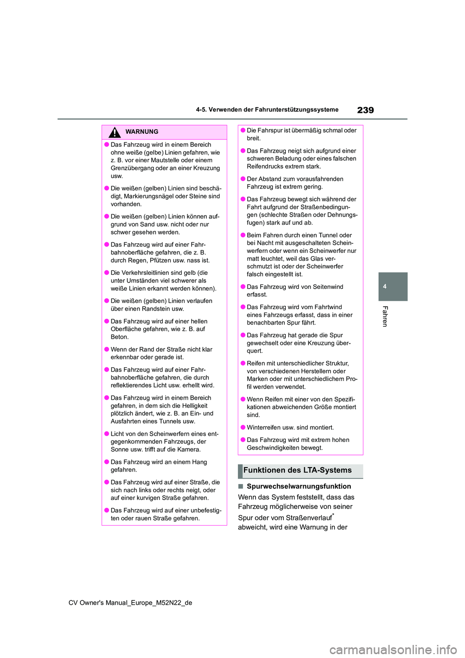 TOYOTA YARIS CROSS 2022 Betriebsanleitungen (in German) 239
4
CV Owner's Manual_Europe_M52N22_de
4-5. Verwenden der Fahrunterstützungssysteme
Fahren
■Spurwechselwarnungsfunktion
Wenn das System feststellt, dass das
Fahrzeug möglicherweise von se TOYOTA YARIS CROSS 2022 Betriebsanleitungen (in German) 239
4
CV Owner's Manual_Europe_M52N22_de
4-5. Verwenden der Fahrunterstützungssysteme
Fahren
■Spurwechselwarnungsfunktion
Wenn das System feststellt, dass das
Fahrzeug möglicherweise von se