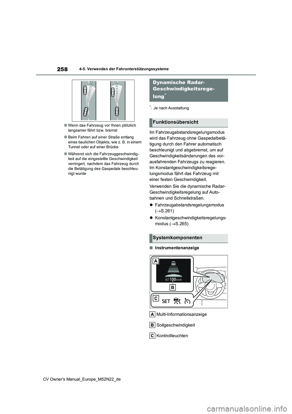 TOYOTA YARIS CROSS 2022 Betriebsanleitungen (in German) 258
CV Owner's Manual_Europe_M52N22_de
4-5. Verwenden der Fahrunterstützungssysteme
●Wenn das Fahrzeug vor Ihnen plötzlich langsamer fährt bzw. bremst
●Beim Fahren auf einer Straße entlan TOYOTA YARIS CROSS 2022 Betriebsanleitungen (in German) 258
CV Owner's Manual_Europe_M52N22_de
4-5. Verwenden der Fahrunterstützungssysteme
●Wenn das Fahrzeug vor Ihnen plötzlich langsamer fährt bzw. bremst
●Beim Fahren auf einer Straße entlan