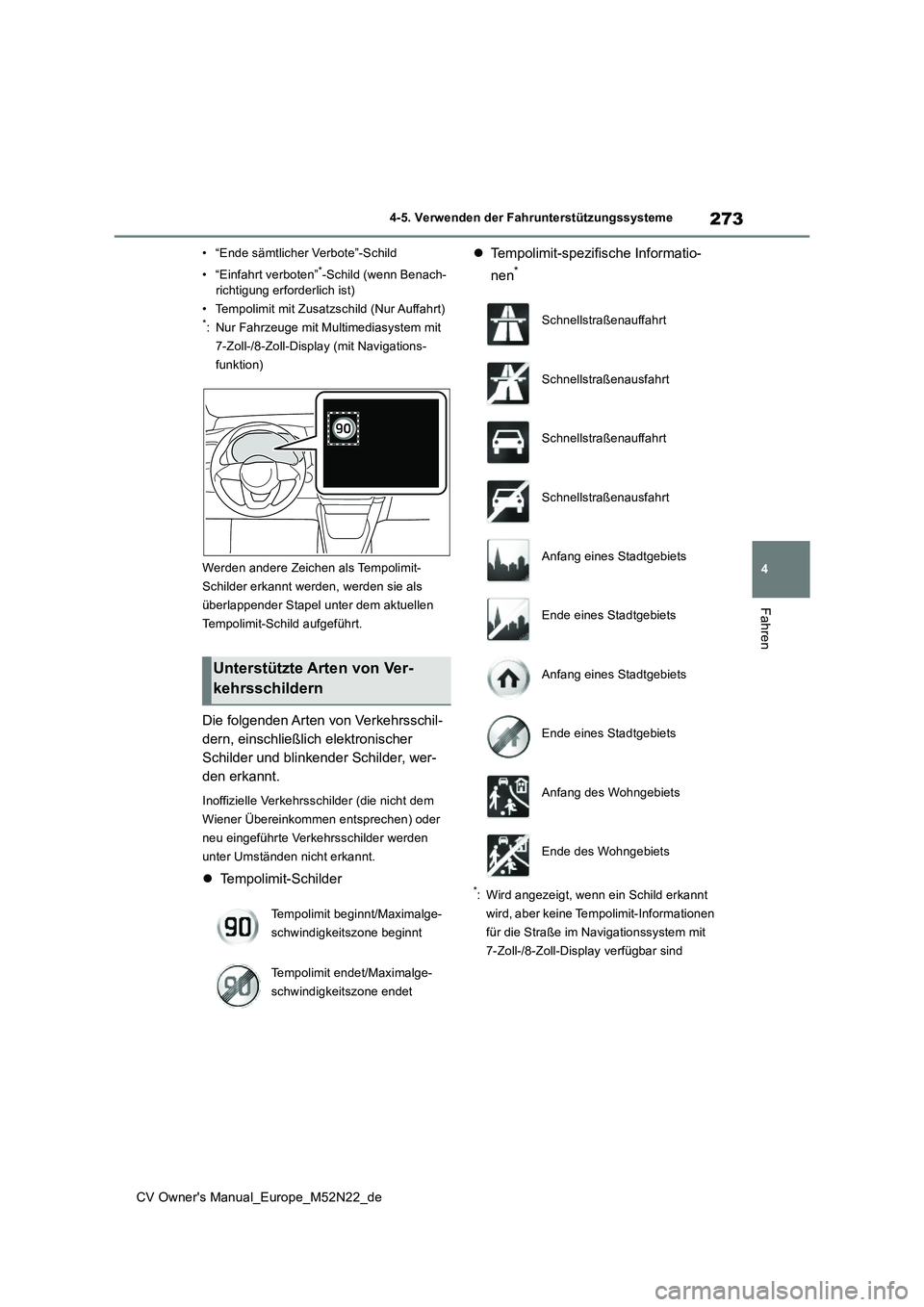 TOYOTA YARIS CROSS 2022 Betriebsanleitungen (in German) 273
4
CV Owner's Manual_Europe_M52N22_de
4-5. Verwenden der Fahrunterstützungssysteme
Fahren
• “Ende sämtlicher Verbote”-Schild
• “Einfahrt verboten”*-Schild (wenn Benach-
richtigu TOYOTA YARIS CROSS 2022 Betriebsanleitungen (in German) 273
4
CV Owner's Manual_Europe_M52N22_de
4-5. Verwenden der Fahrunterstützungssysteme
Fahren
• “Ende sämtlicher Verbote”-Schild
• “Einfahrt verboten”*-Schild (wenn Benach-
richtigu