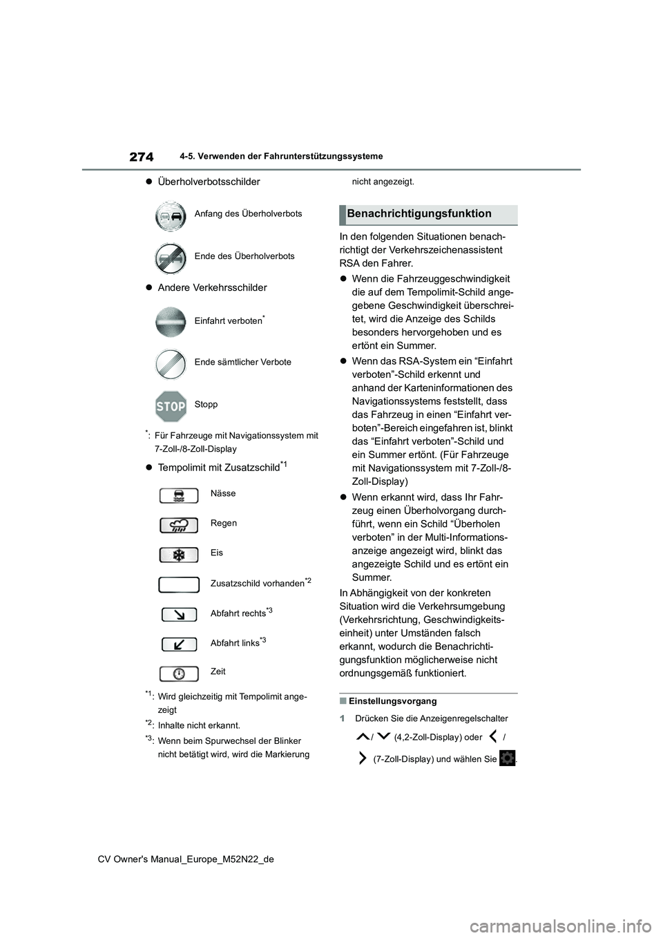 TOYOTA YARIS CROSS 2022 Betriebsanleitungen (in German) 274
CV Owner's Manual_Europe_M52N22_de
4-5. Verwenden der Fahrunterstützungssysteme
Überholverbotsschilder
Andere Verkehrsschilder
*: Für Fahrzeuge mit Navigationssystem mit
7-Zoll-/8 TOYOTA YARIS CROSS 2022 Betriebsanleitungen (in German) 274
CV Owner's Manual_Europe_M52N22_de
4-5. Verwenden der Fahrunterstützungssysteme
Überholverbotsschilder
Andere Verkehrsschilder
*: Für Fahrzeuge mit Navigationssystem mit
7-Zoll-/8