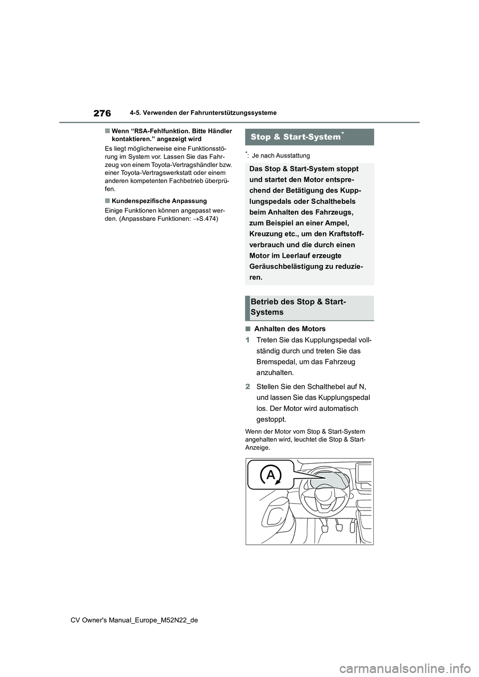 TOYOTA YARIS CROSS 2022 Betriebsanleitungen (in German) 276
CV Owner's Manual_Europe_M52N22_de
4-5. Verwenden der Fahrunterstützungssysteme
■Wenn “RSA-Fehlfunktion. Bitte Händler kontaktieren.” angezeigt wird
Es liegt möglicherweise eine Fun TOYOTA YARIS CROSS 2022 Betriebsanleitungen (in German) 276
CV Owner's Manual_Europe_M52N22_de
4-5. Verwenden der Fahrunterstützungssysteme
■Wenn “RSA-Fehlfunktion. Bitte Händler kontaktieren.” angezeigt wird
Es liegt möglicherweise eine Fun