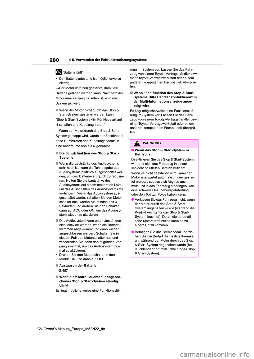 TOYOTA YARIS CROSS 2022 Betriebsanleitungen (in German) 280
CV Owner's Manual_Europe_M52N22_de
4-5. Verwenden der Fahrunterstützungssysteme
“Batterie lädt”
• Der Batterieladestand ist möglicherweise
niedrig.
Der Motor wird neu gestar TOYOTA YARIS CROSS 2022 Betriebsanleitungen (in German) 280
CV Owner's Manual_Europe_M52N22_de
4-5. Verwenden der Fahrunterstützungssysteme
“Batterie lädt”
• Der Batterieladestand ist möglicherweise
niedrig.
Der Motor wird neu gestar