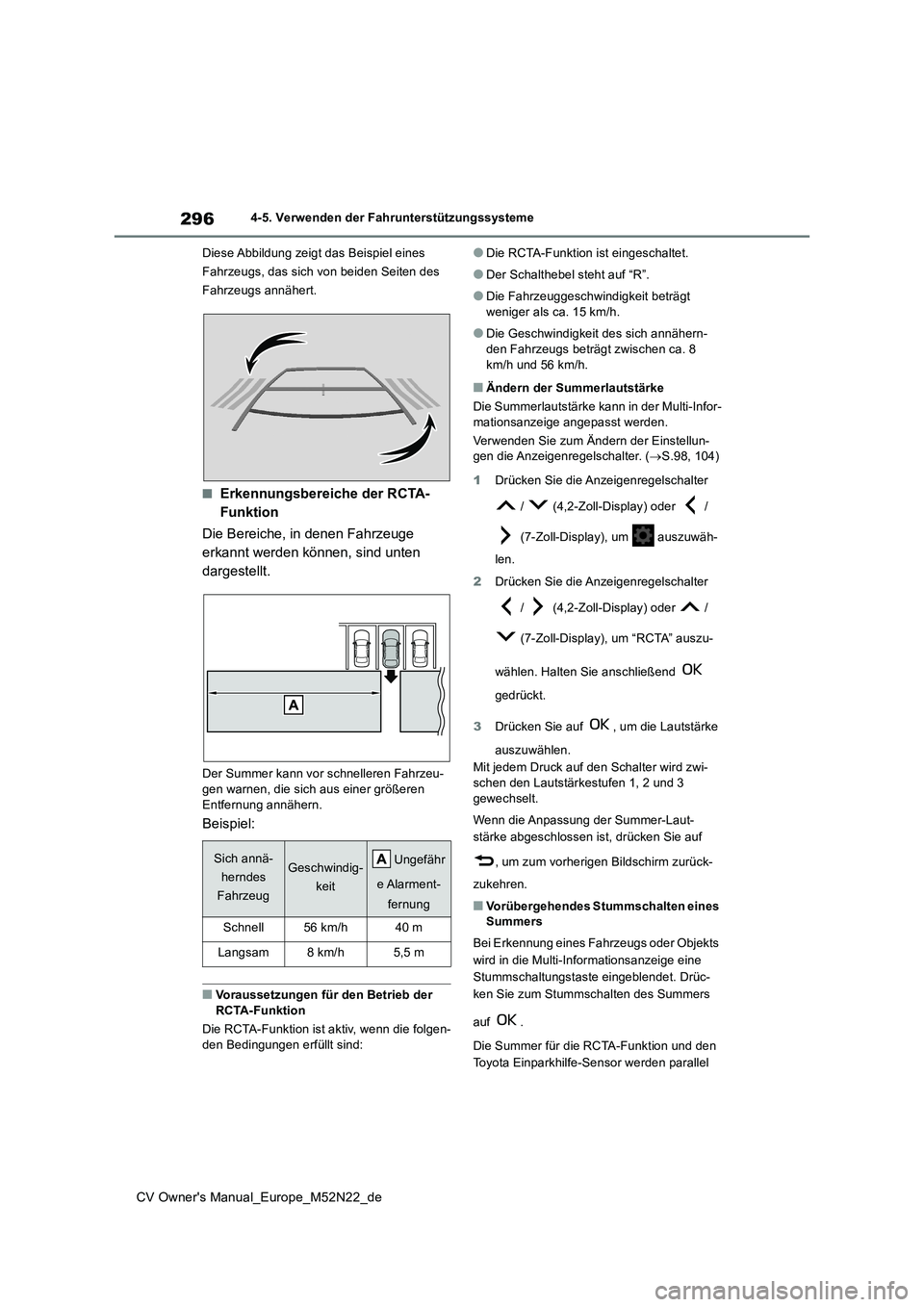 TOYOTA YARIS CROSS 2022 Betriebsanleitungen (in German) 296
CV Owner's Manual_Europe_M52N22_de
4-5. Verwenden der Fahrunterstützungssysteme
Diese Abbildung zeigt das Beispiel eines
Fahrzeugs, das sich von beiden Seiten des
Fahrzeugs annähert.
■ TOYOTA YARIS CROSS 2022 Betriebsanleitungen (in German) 296
CV Owner's Manual_Europe_M52N22_de
4-5. Verwenden der Fahrunterstützungssysteme
Diese Abbildung zeigt das Beispiel eines
Fahrzeugs, das sich von beiden Seiten des
Fahrzeugs annähert.
■