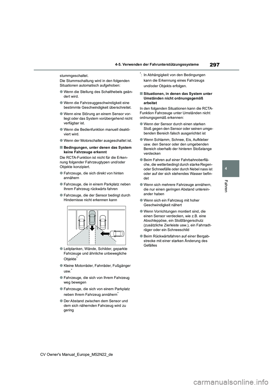 TOYOTA YARIS CROSS 2022 Betriebsanleitungen (in German) 297
4
CV Owner's Manual_Europe_M52N22_de
4-5. Verwenden der Fahrunterstützungssysteme
Fahren
stummgeschaltet.
Die Stummschaltung wird in den folgenden
Situationen automatisch aufgehoben:
●We TOYOTA YARIS CROSS 2022 Betriebsanleitungen (in German) 297
4
CV Owner's Manual_Europe_M52N22_de
4-5. Verwenden der Fahrunterstützungssysteme
Fahren
stummgeschaltet.
Die Stummschaltung wird in den folgenden
Situationen automatisch aufgehoben:
●We