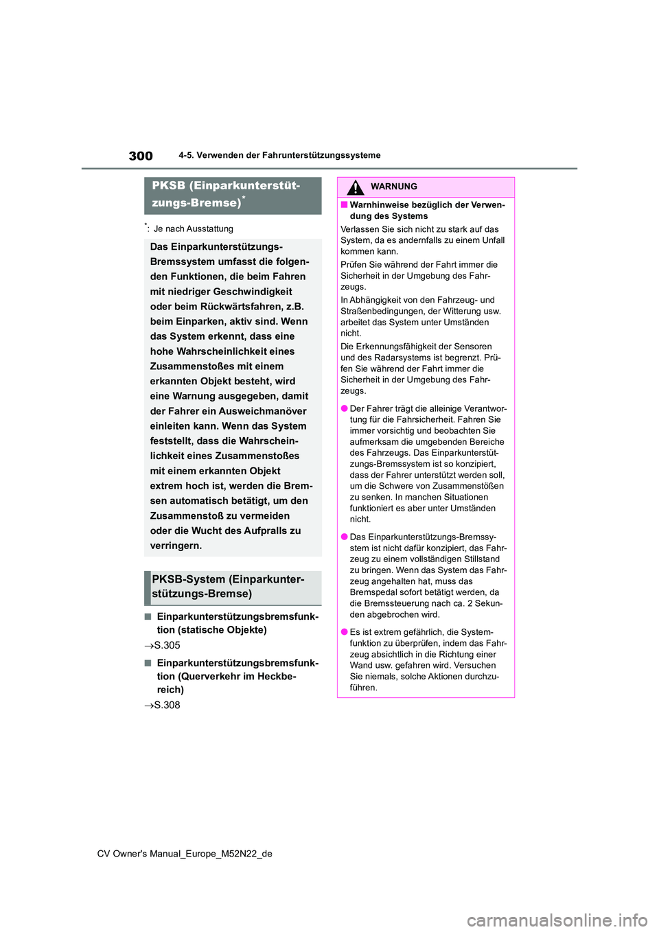 TOYOTA YARIS CROSS 2022 Betriebsanleitungen (in German) 300
CV Owner's Manual_Europe_M52N22_de
4-5. Verwenden der Fahrunterstützungssysteme
*: Je nach Ausstattung
■Einparkunterstützungsbremsfunk-
tion (statische Objekte)
S.305
■Einparkunter TOYOTA YARIS CROSS 2022 Betriebsanleitungen (in German) 300
CV Owner's Manual_Europe_M52N22_de
4-5. Verwenden der Fahrunterstützungssysteme
*: Je nach Ausstattung
■Einparkunterstützungsbremsfunk-
tion (statische Objekte)
S.305
■Einparkunter