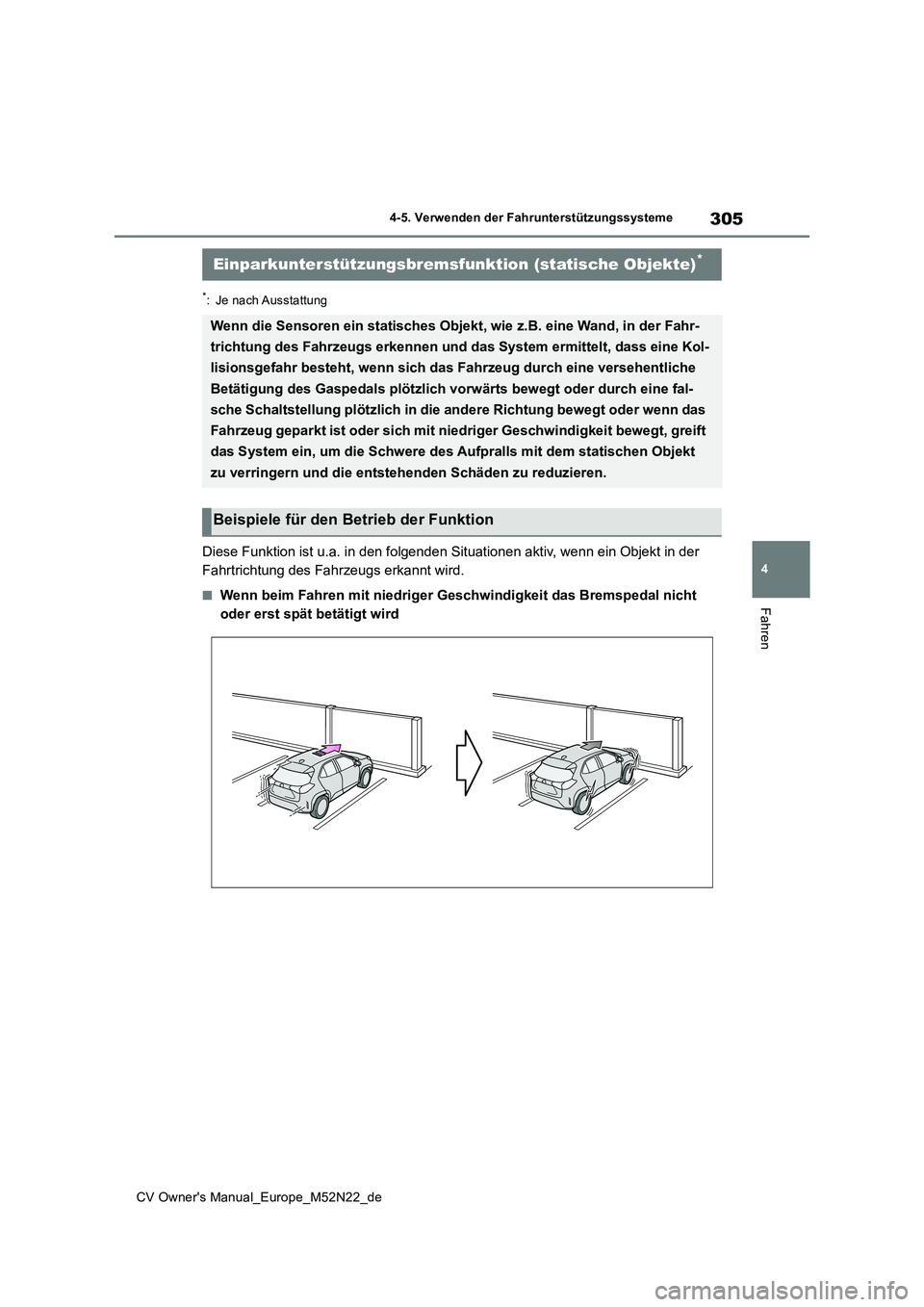 TOYOTA YARIS CROSS 2022 Betriebsanleitungen (in German) 305
4
CV Owner's Manual_Europe_M52N22_de
4-5. Verwenden der Fahrunterstützungssysteme
Fahren
*: Je nach Ausstattung
Diese Funktion ist u.a. in den folgenden Situationen aktiv, wenn ein Objekt in TOYOTA YARIS CROSS 2022 Betriebsanleitungen (in German) 305
4
CV Owner's Manual_Europe_M52N22_de
4-5. Verwenden der Fahrunterstützungssysteme
Fahren
*: Je nach Ausstattung
Diese Funktion ist u.a. in den folgenden Situationen aktiv, wenn ein Objekt in