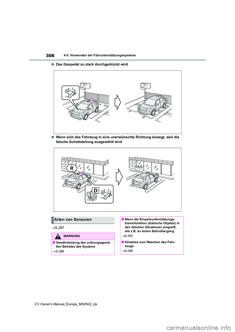TOYOTA YARIS CROSS 2022 Betriebsanleitungen (in German) 306
CV Owner's Manual_Europe_M52N22_de
4-5. Verwenden der Fahrunterstützungssysteme
■Das Gaspedal zu stark durchgedrückt wird
■Wenn sich das Fahrzeug in eine unerwünschte Richtung bewegt, w TOYOTA YARIS CROSS 2022 Betriebsanleitungen (in German) 306
CV Owner's Manual_Europe_M52N22_de
4-5. Verwenden der Fahrunterstützungssysteme
■Das Gaspedal zu stark durchgedrückt wird
■Wenn sich das Fahrzeug in eine unerwünschte Richtung bewegt, w